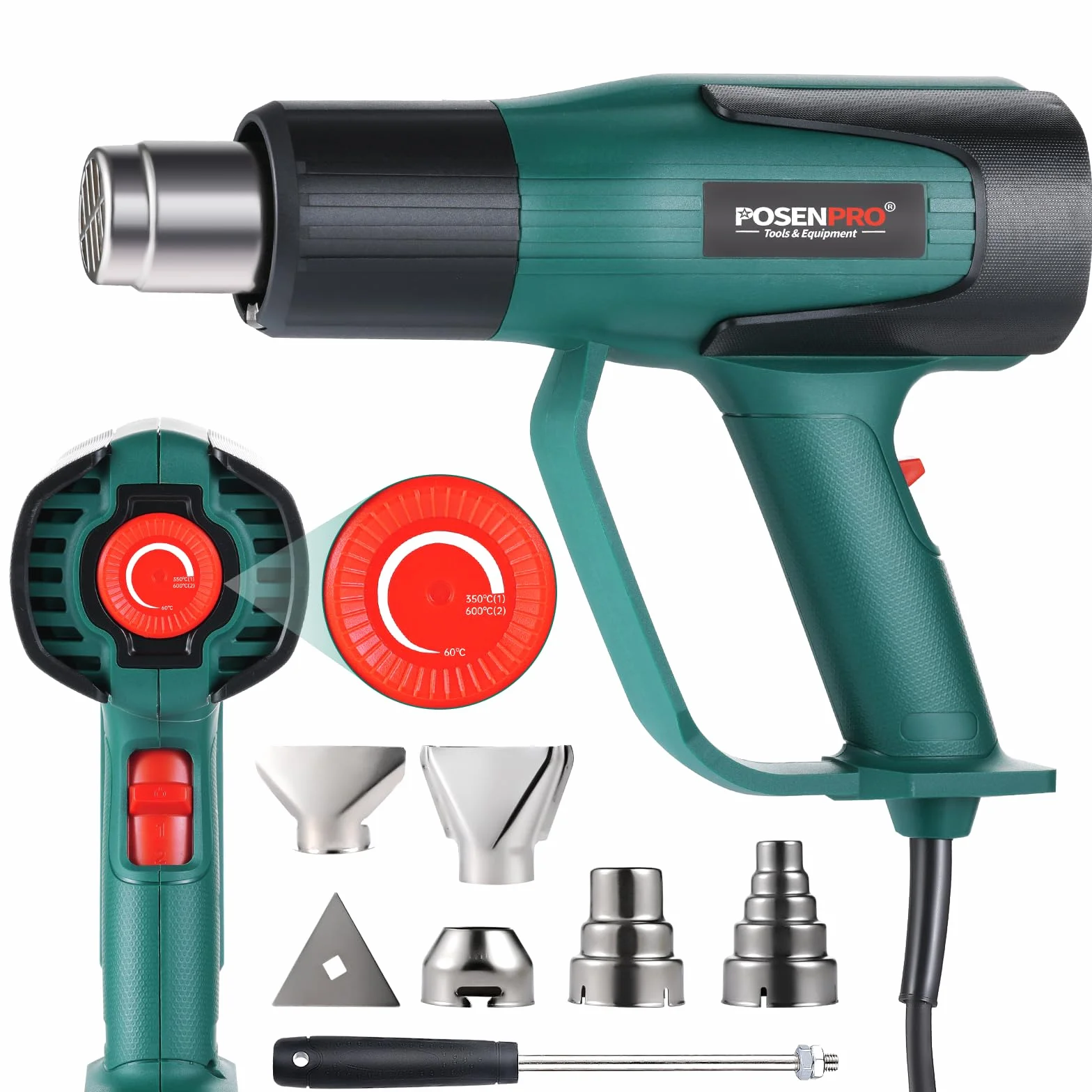 POSENPRO Pistolet na gorące powietrze 2000 W, 60℃-600℃, ochrona przed przepięciem, dmuchawa gorącego powietrza z 7 dyszami, 2 ustawienia przepływu powietrza, idealna do usuwania farby, lutowania,