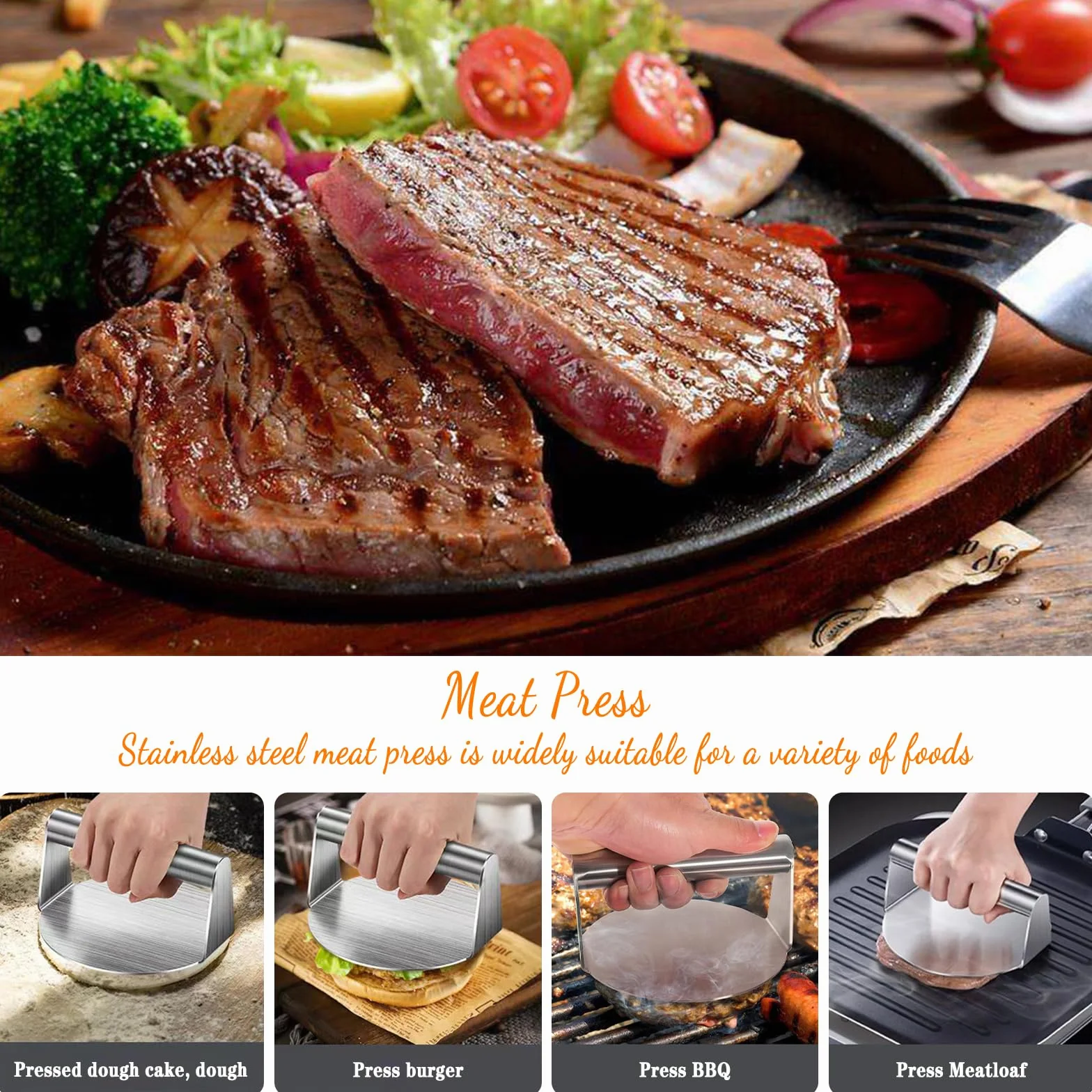 Prasa do mięsa, burgerów, prasa do hamburgerów, metalowa, prasa do hamburgerów, do burgerów, prasa do burgerów, prasa do hamburgerów, grill, zdejmowany uchwyt, średnica 12 cm