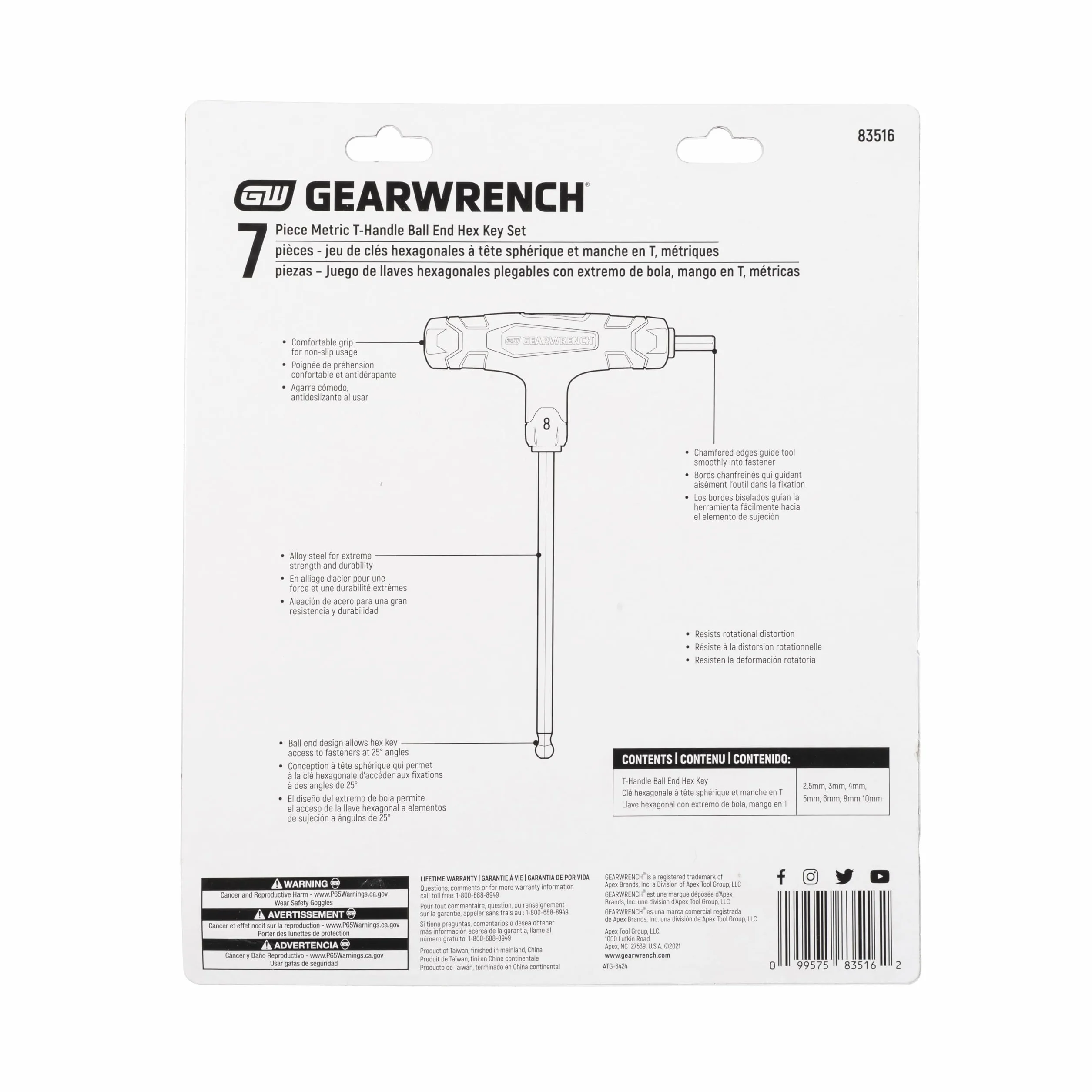 GearWrench 83516 metryczny zestaw kluczy sześciokątnych z uchwytem w kształcie litery T, 7-częściowy