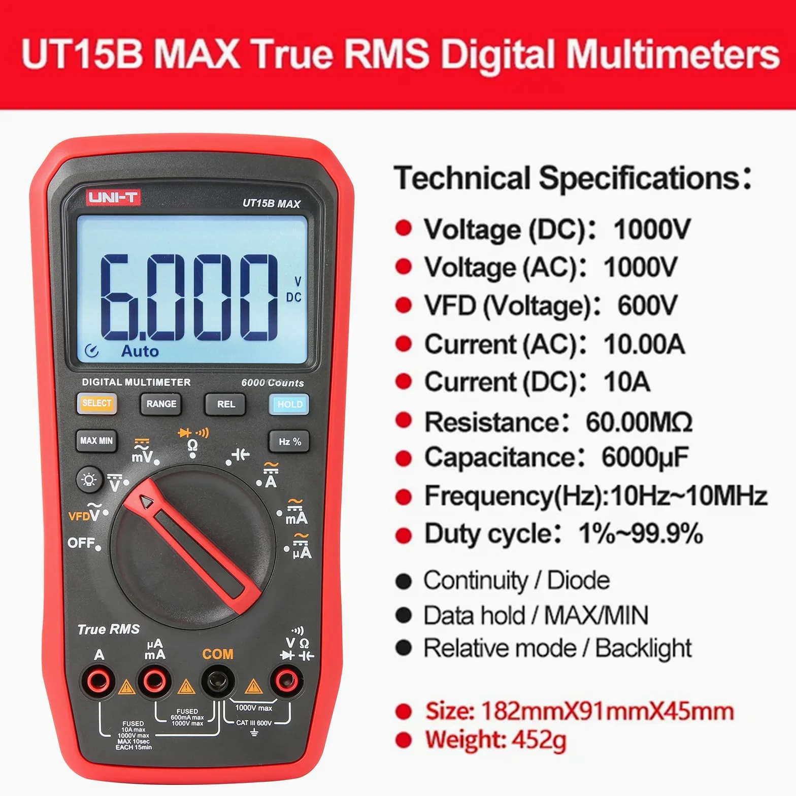 UNI-T UT15B Max cyfrowy multimetr VFD 1000 V AC DC amperomierz, woltomierz, pojemność, częstotliwość, elektryczny multimetr