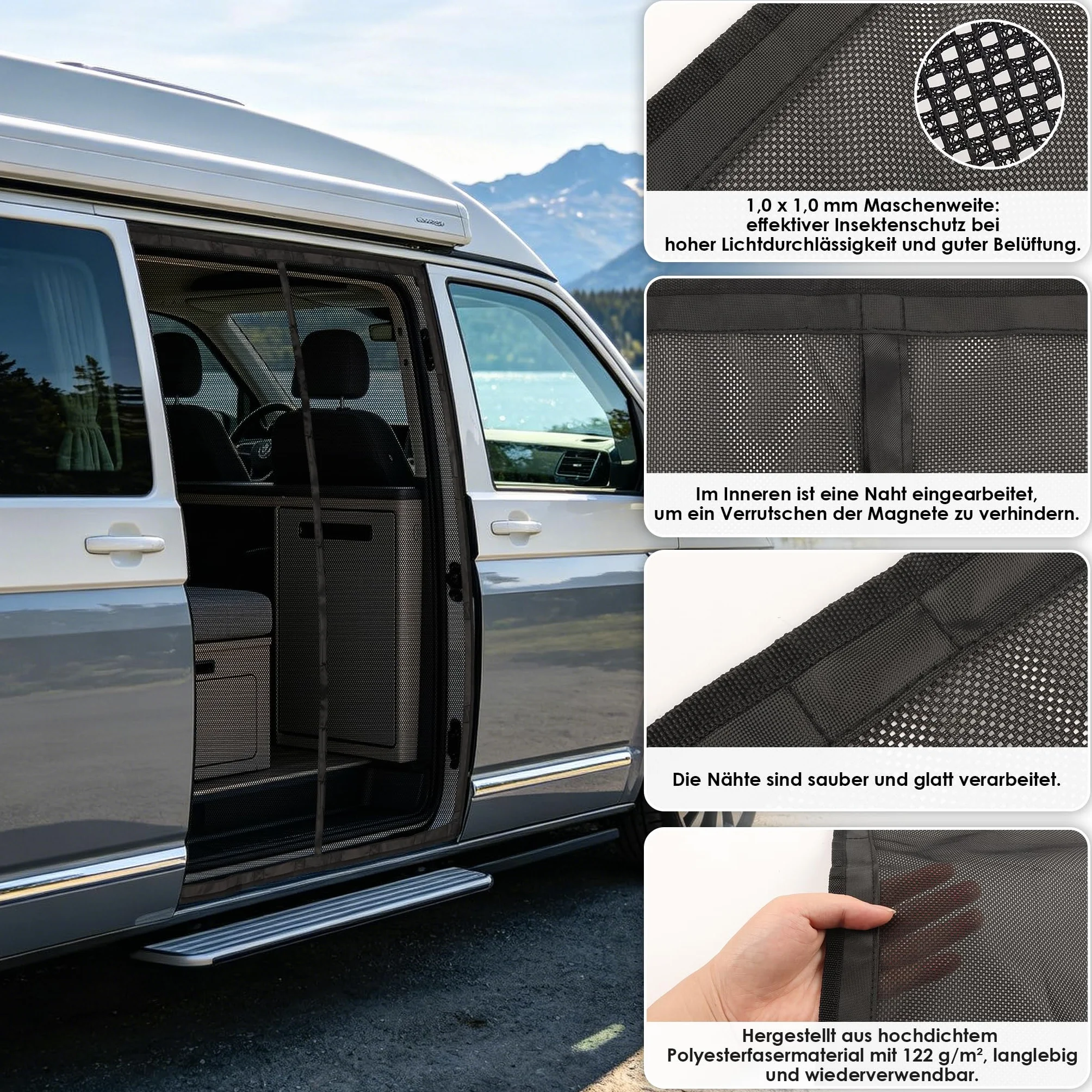 Moskitiera magnetyczna do VW T5 T6 drzwi bocznych, automatyczne zamknięcie na magnes środkowy, 122 g/m² poliester o wysokiej gęstości, siatka 1 mm, ochrona przed owadami na kemping, do aktywności na
