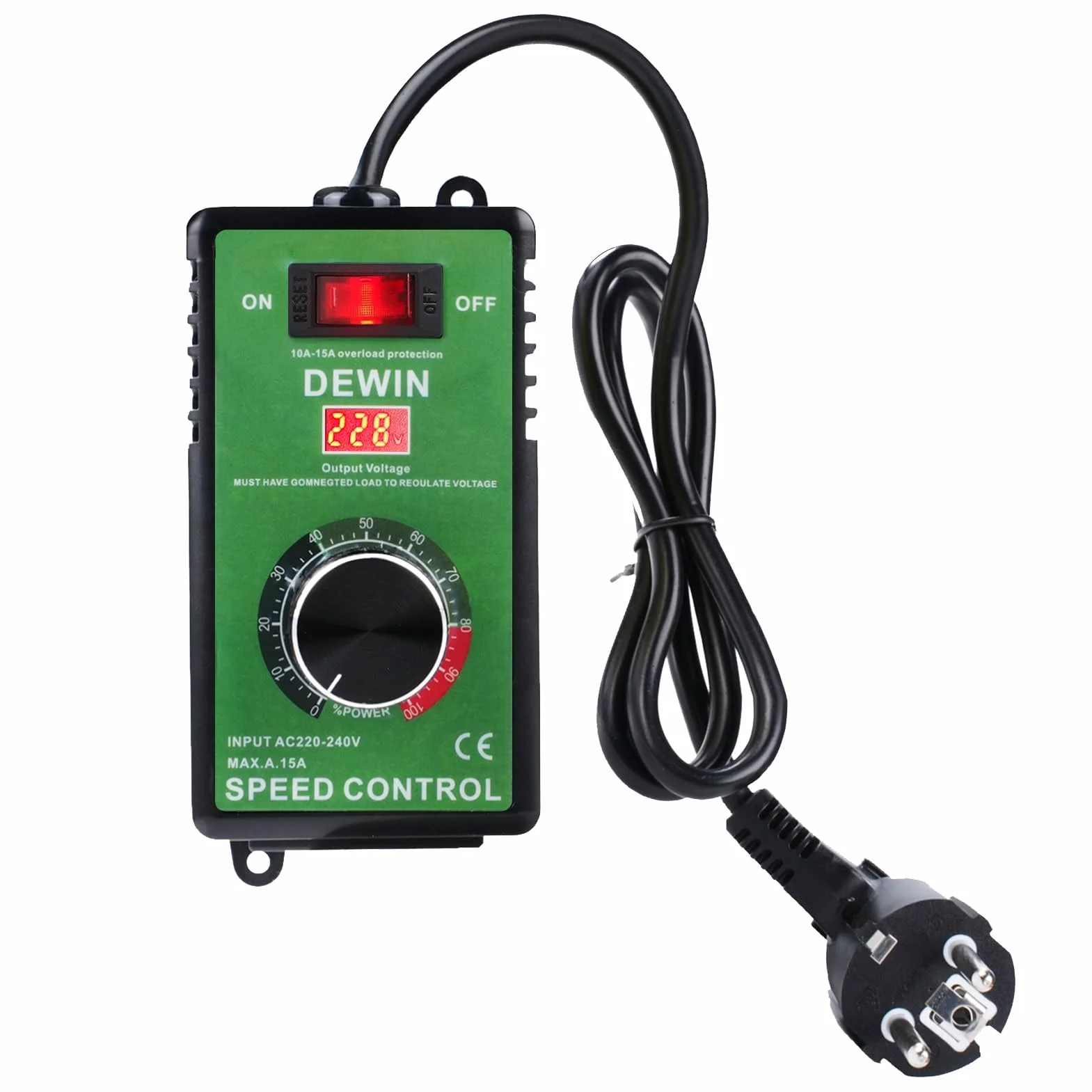 DEWIN Regulator prędkości obrotowej 230 V 15 A bezstopniowy sterowanie wentylatorem ochroną przed przeciążeniem