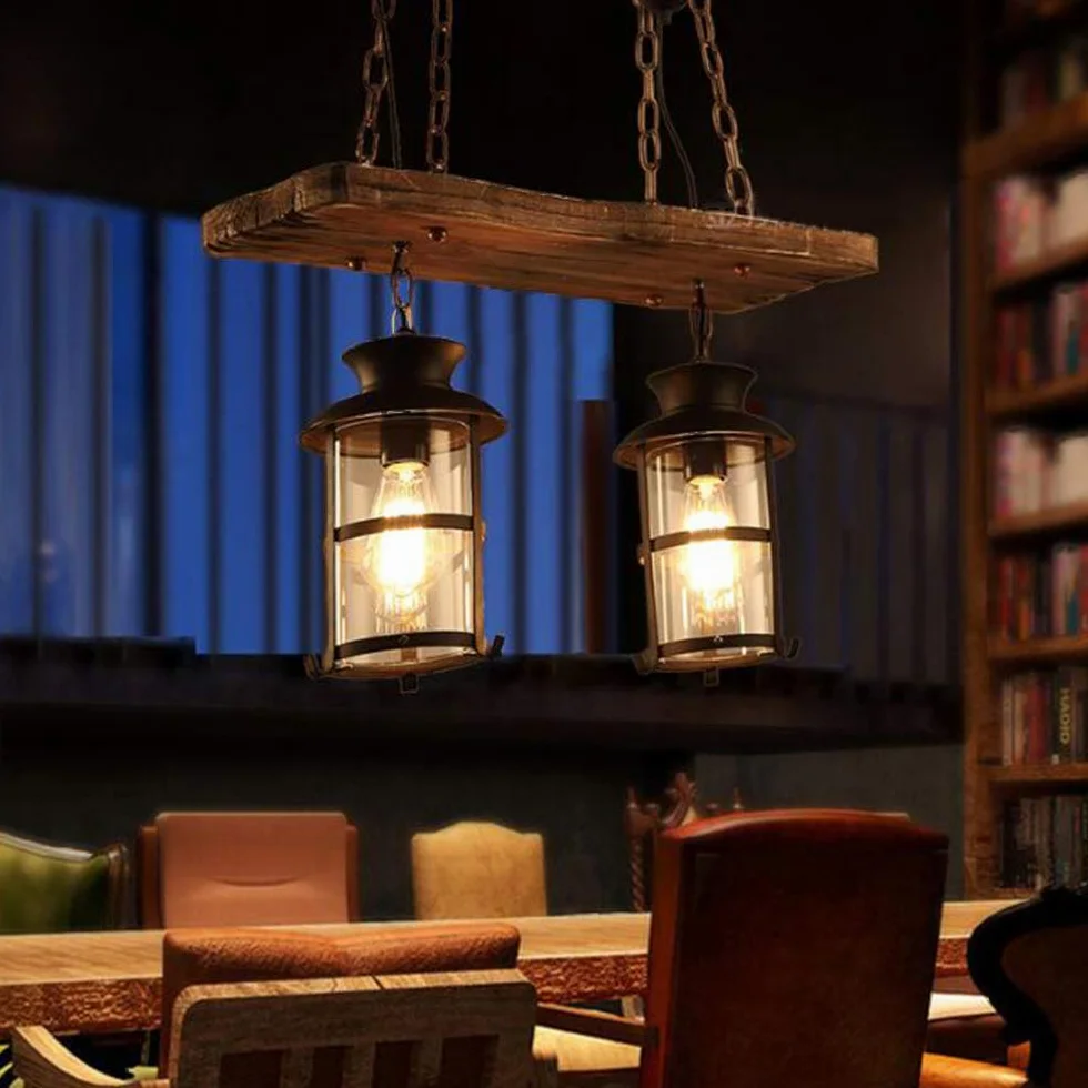 Lampa wisząca w stylu vintage, żyrandol z drewna, metalu, E27, rustykalna, liniowa, lampa sufitowa do salonu, jadalni, restauracji, kawiarni, hotelu, przedpokoju, piwnicy, piwnicy