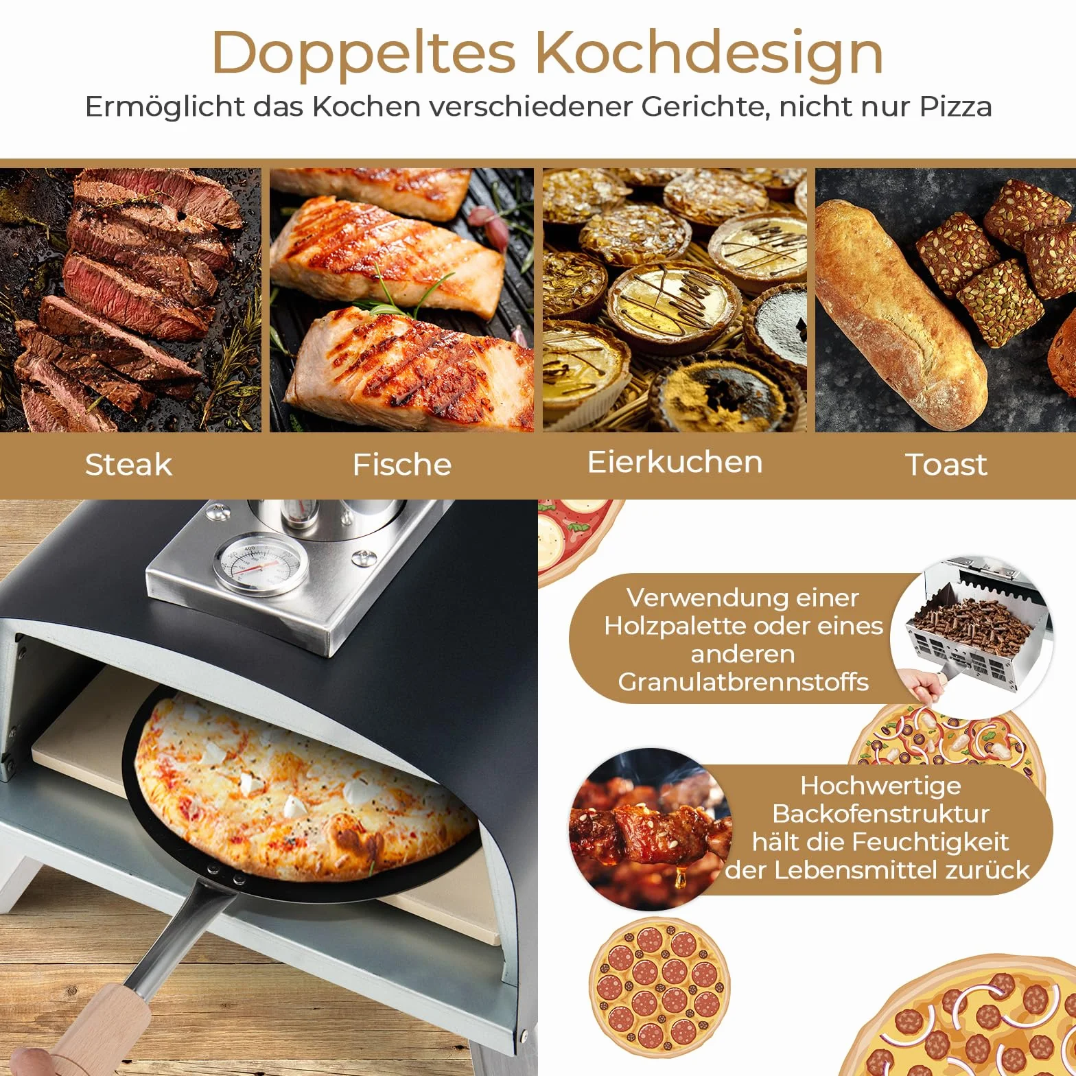 COSTWAY Piec do pizzy na zewnątrz, przenośny piec na drewno, w zestawie łopata i kamień do pizzy, na gaz i drewno, do ogrodu, na kemping