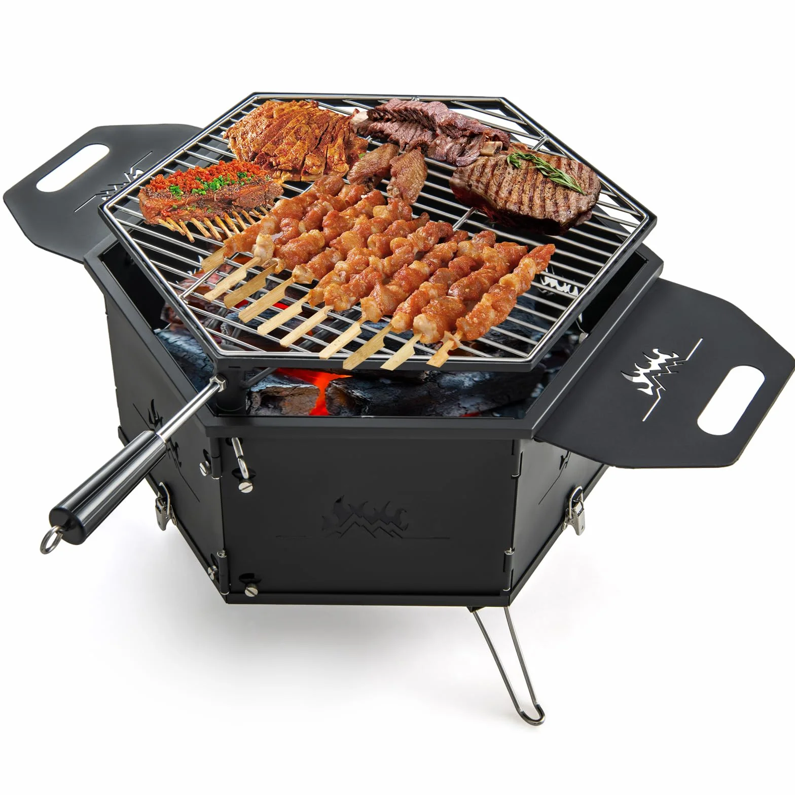 COSTWAY Duży grill na węgiel drzewny, obracany 360°, palenisko 2 w 1, składany, kempingowy, 77x74x38 cm