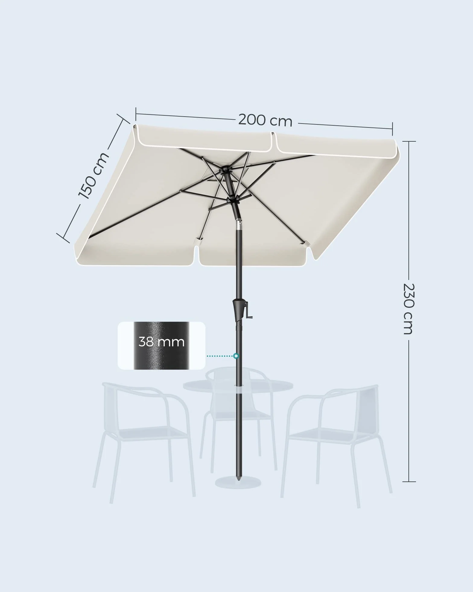 SONGMICS parasol 200 x 150 cm, prostokątny parasol balkonowy, ochrona przeciwsłoneczna UPF 50+, wygięty w obie strony o 30°, do ogrodu, na taras, bez stojaka, beżowy GPU048M01