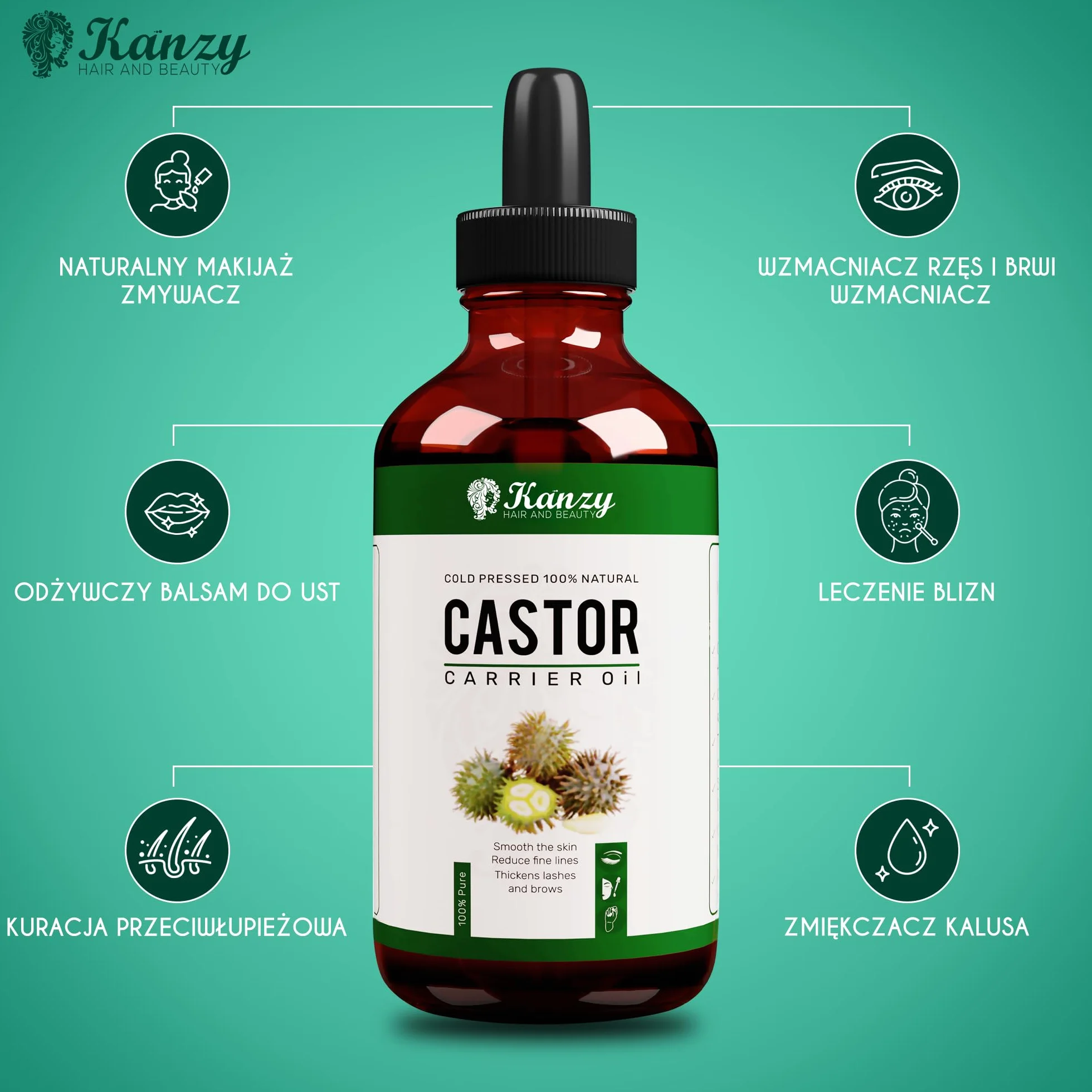 Kanzy Castor Oil do Rzęs i Brwi 100ml Czysty Organiczny Olej Rycynowy na Porost Włosów Broda, Paznokcie Ciało i Twarz Naturalny Olej Rycynowy Tłoczony na Zimno z Aplikatorami Castor oil