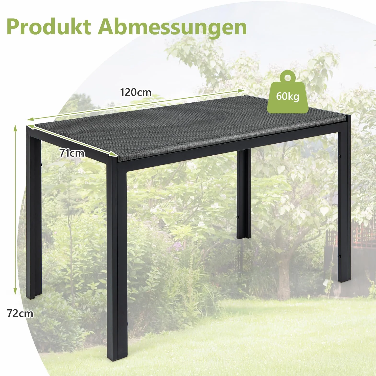 COSTWAY Stół ogrodowy rattanowy 120x71x72 cm prostokątny z metalową ramą