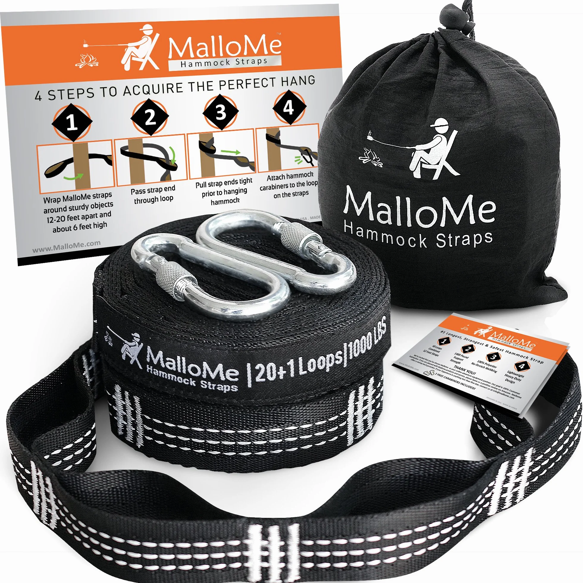 MalloMe XL Paski do hamaka, zestaw 2000+ LBS Heavy Duty 40 pętli i 100% system zawieszenia bez rozciągliwości, akcesoria do hamaka kempingowego, 2 karabińczyki, 30 metrów