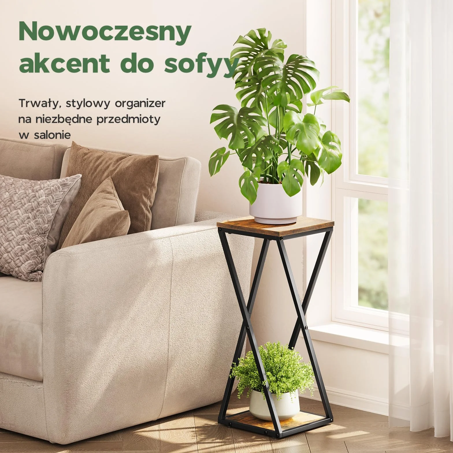 Bamworld Stojak na Kwiaty Wewnętrzny 2-Poziomowy Narożny Metalowy z Półkami na Rośliny do Mieszkania Stojak Ogrodowy Balkon