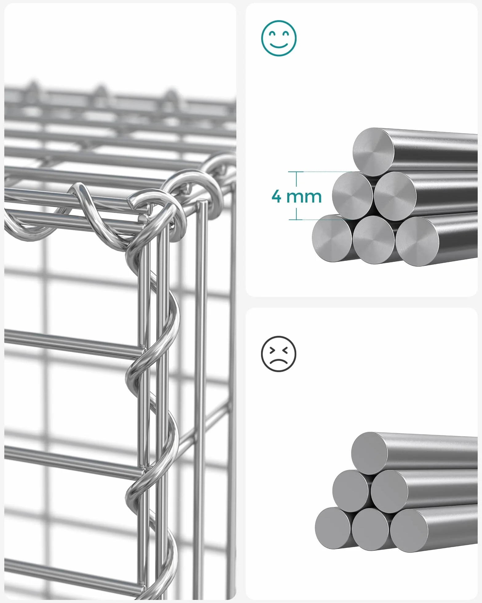SONGMICS Gabion, kosz kamienny, kosz gabionowy, ogrodzenie z drutu, z siatką o małych oczkach 5 x 10 cm, wykonany ze stali ocynkowanej, 100 x 90 x 30 cm, ściana roślinna, srebrny GGB193