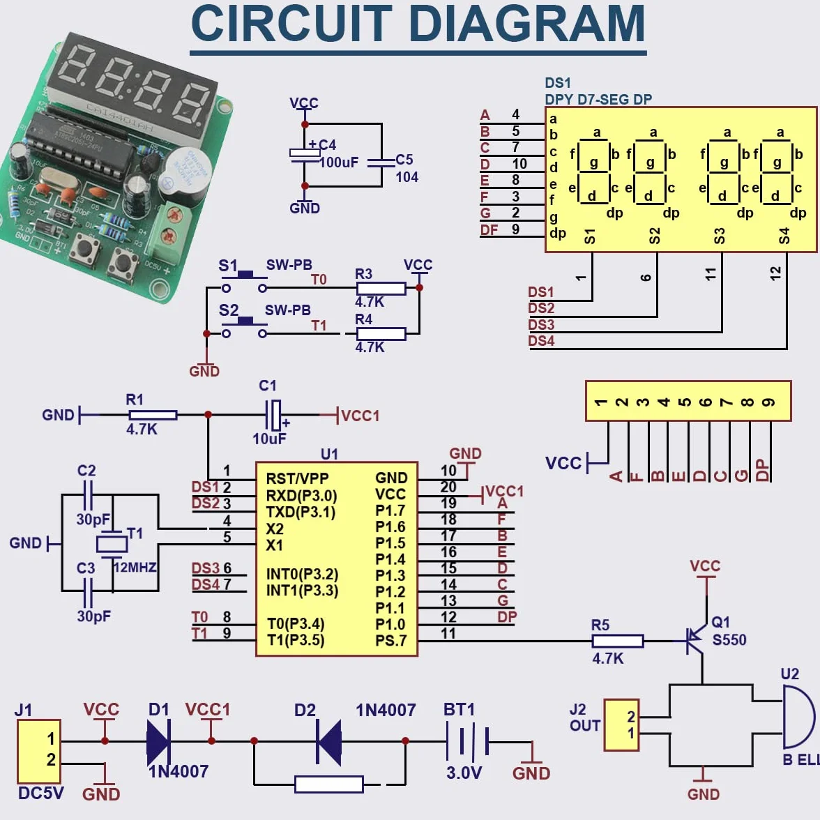 4 bity zegar cyfrowy DIY zestaw LED zegar elektroniczny produkcja PCB lutowanie płytka ćwiczeniowa do ćwiczeń programowych ćwiczeń spawalniczych, z kablem USB 2.0