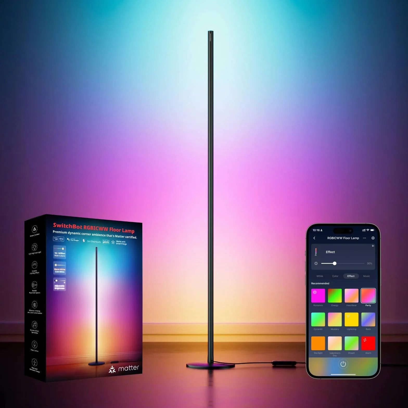 SwitchBot Matowa lampa podłogowa RGBICWW, ciepłe i zimne światło, lampa podłogowa LED współpracuje z Apple Home, Alexa, Google Home, 16 Mln kolorów, synchronizacja muzyki, tryb sceny