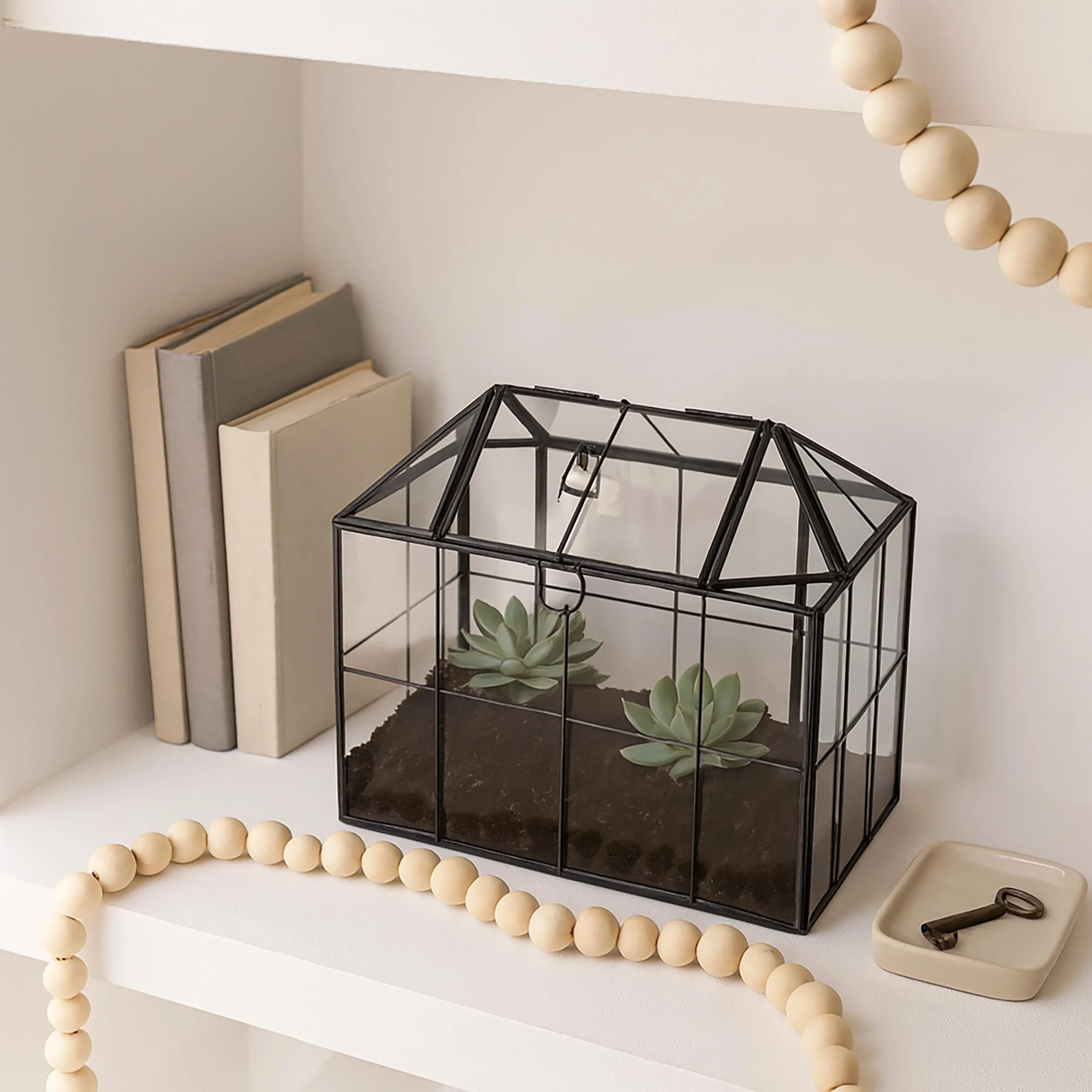 Relaxdays Terrarium roślinne szklane z cyny dekoracyjny domek na kaktusy i mech czarna