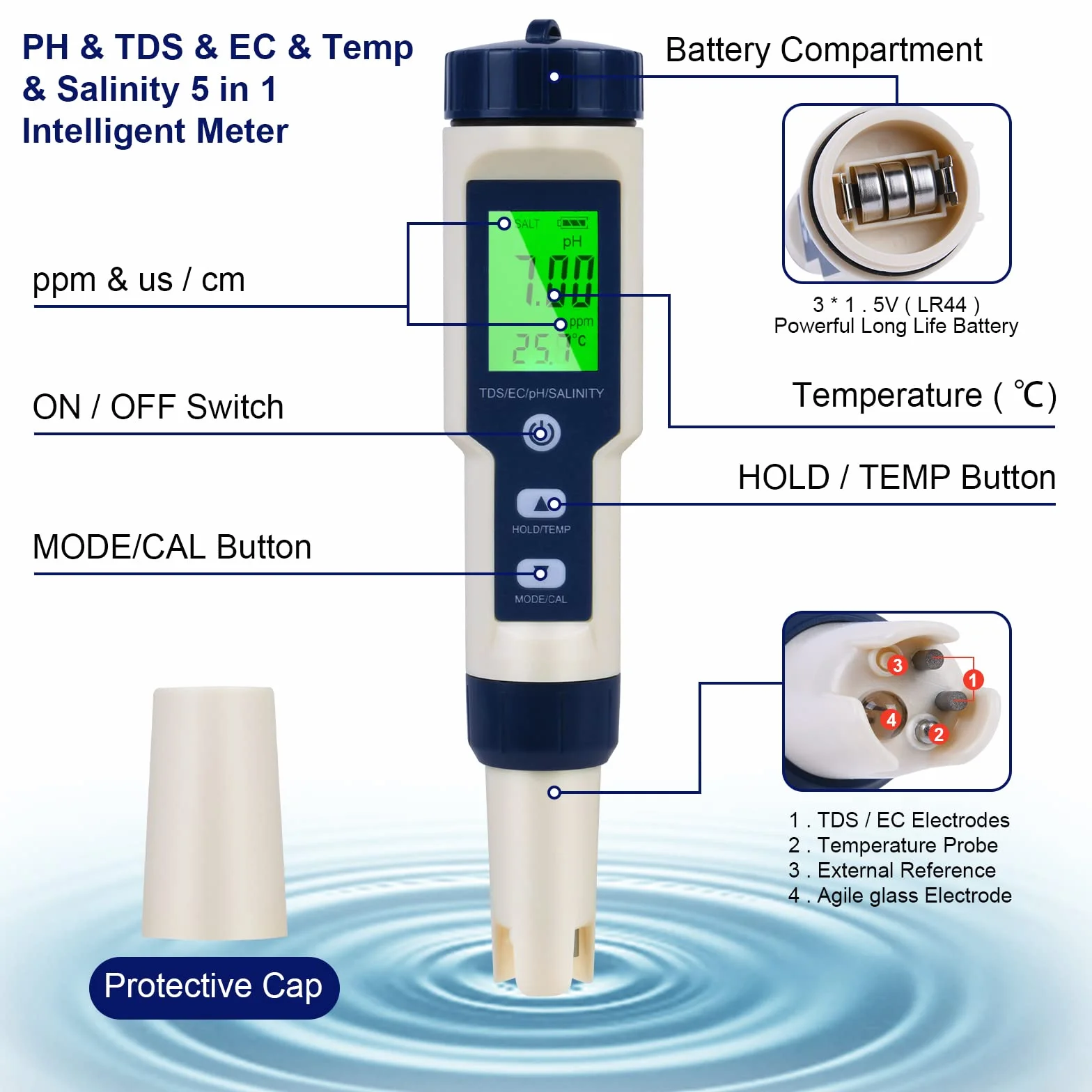Flintronic Miernik pH 5 w 1 TDS EC Zasolenia Temp pH Tester Basenu Cyfrowy Automatyczna Kompensacja Temperatury LCD