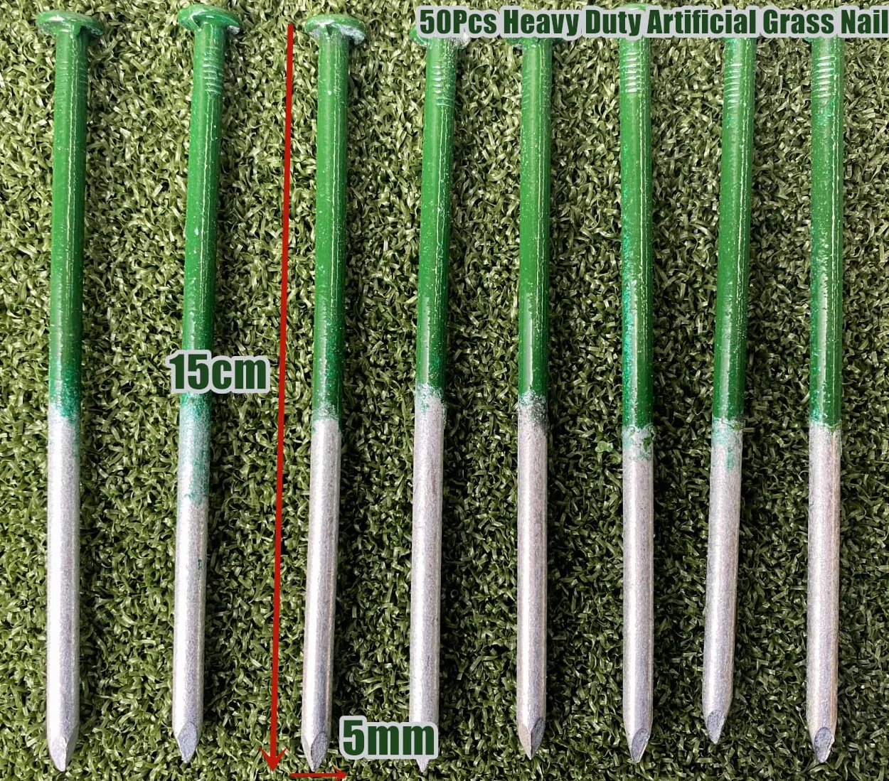 KAHEIGN 50 szt. wytrzymałych gwoździ do sztucznej trawy, 5 mm x 150 mm, okrągłe gwoździe ocynkowane Astroturf, sztuczne gwoździe do trawnika, stalowe gwoździe do twardej lub kamiennej ziemi