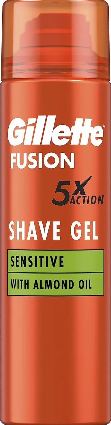 Gillette Fusion żel do golenia dla mężczyzn (200 ml), z olejkiem migdałowym, do skóry wrażliwej, 5-krotne działanie: czyści, nawilża, chroni, odświeża i uspokaja, prezent dla mężczyzn