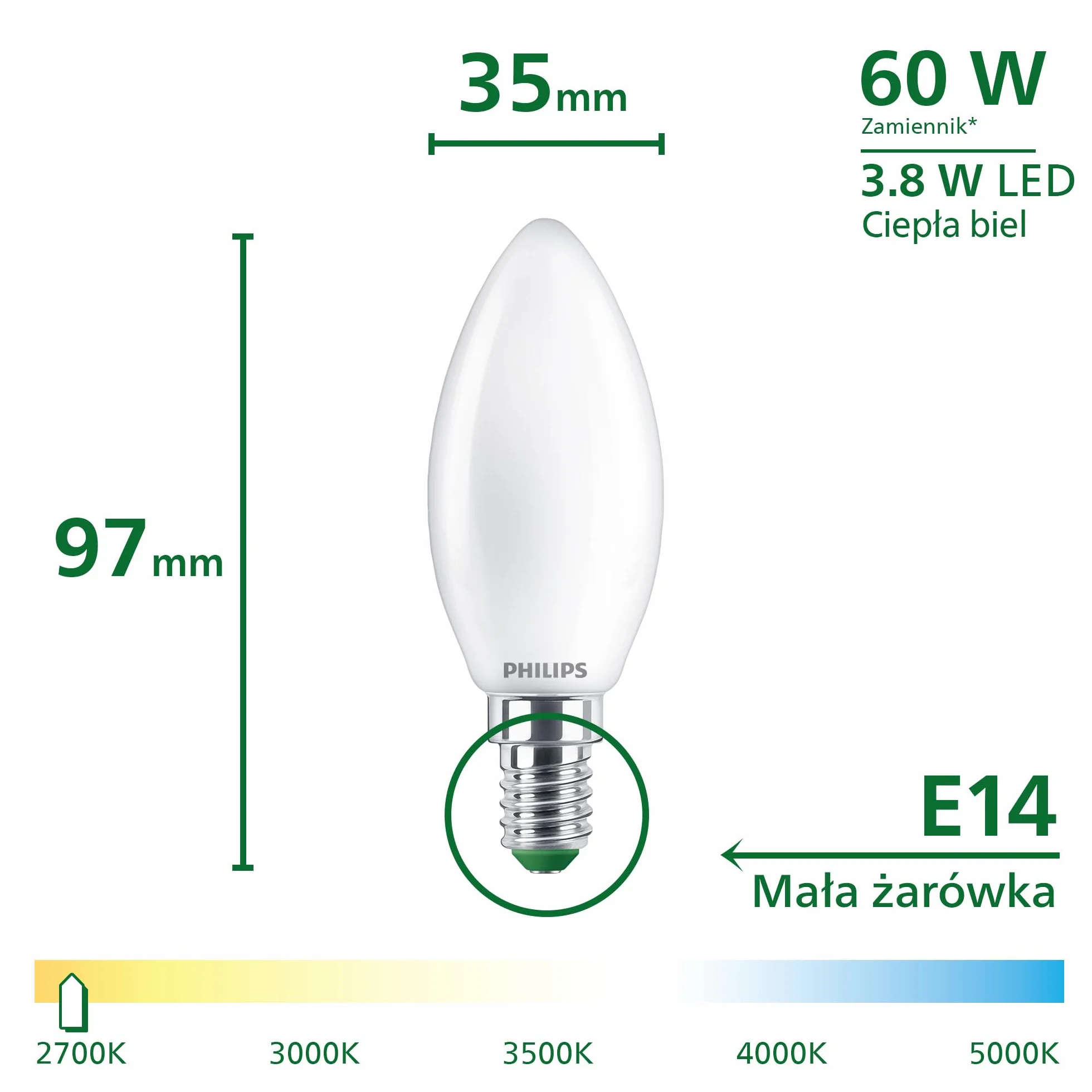 Philips LED UltraEfficient matowa świecowa żarówka B35, trzonek E14, klasa energetyczna A, 806 lm, odpowiednik 60W, ciepła biel (2700K), EyeComfort, 50 000 godzin, 1 szt.