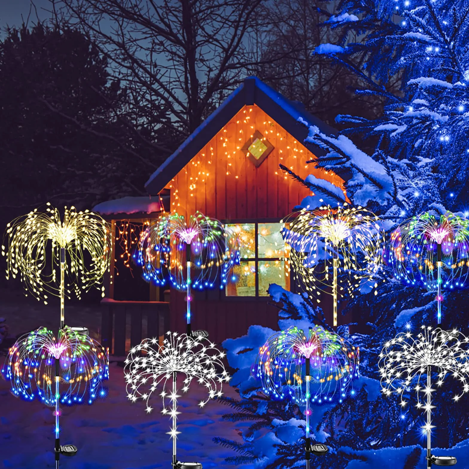 【2 sztuki】 120 diod LED Solarne fajerwerki świetlne, XRR Solarne światła na zewnątrz z migoczącymi kołkami, 2 tryby, ozdoby ogrodowe, światła kulowe typu Starburst do drzew, na taras, na wesele, na