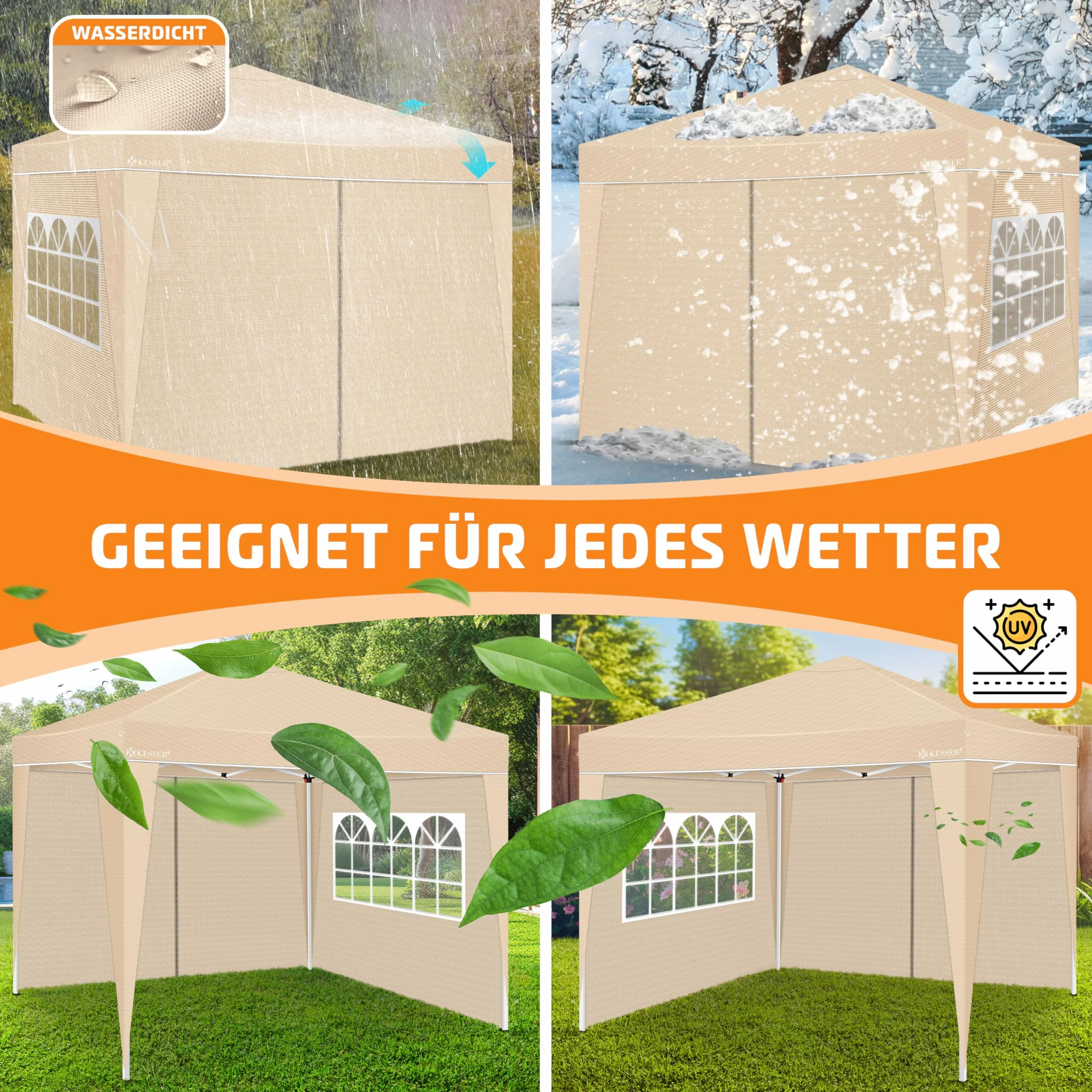 KESSER® 2X Panel boczny do pawilonu 3x3m - Pop Up | składany | oszczędzający miejsce | chowany| z zamkiem błyskawicznym| okno boczne Przezroczysty| Odporny na warunki atmosferyczne - Beżowy