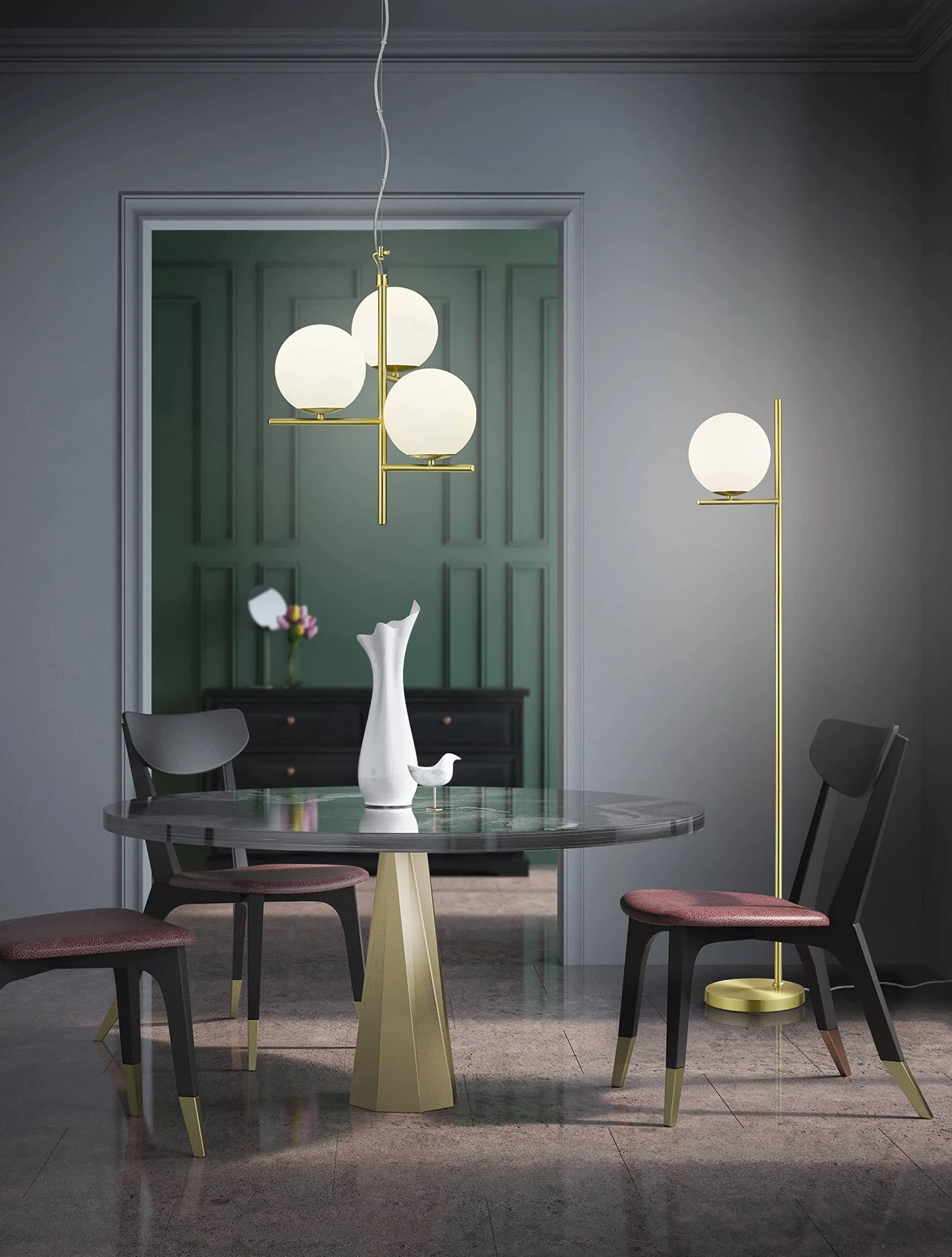 Trio Leuchten Lampa podłogowa Pure 402000108, metal mosiądz matowy, szkło białe, bez 1 x E14