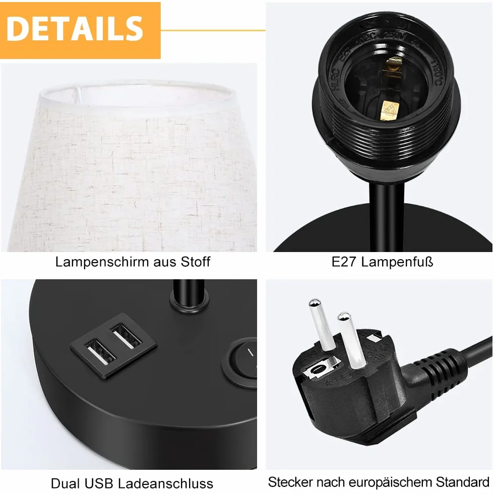 Zestaw 2 lamp nocnych LIANTRAL z 2 gniazdami USB, E27, nowoczesna lampa stołowa z metalową podstawą i abażurem z tkaniny, lampka nocna do sypialni, salonu, biura
