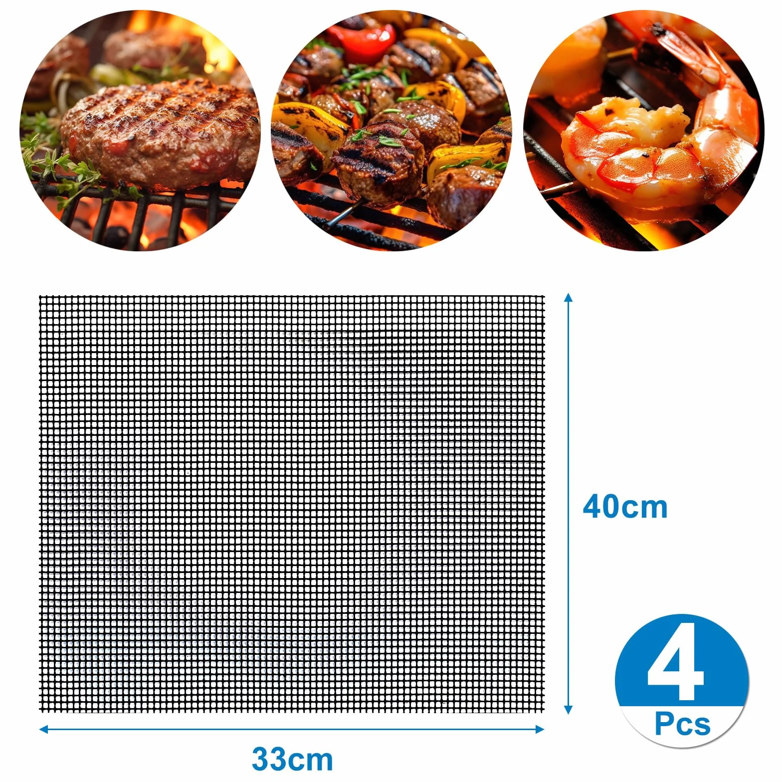GWHOLE Zestaw 4 mat do grilla BBQ, nieprzywierające siatki do grillowania, uniwersalne