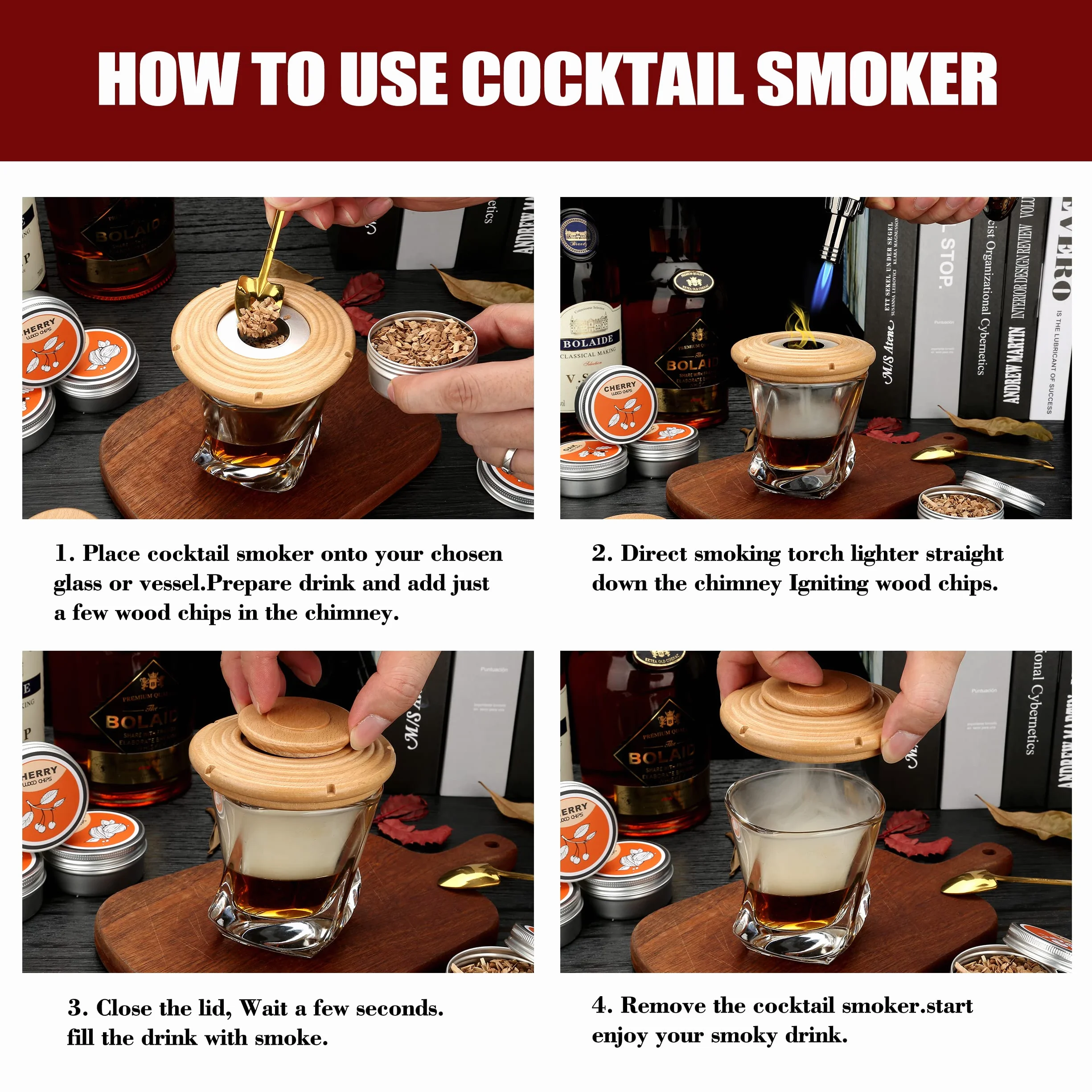 Zestaw do wędzenia koktajli z 4 wiórami drewnianymi, staromodny zestaw do wędzarni whisky, do koktajli, wina, whisky, burbona, męża, taty, buk
