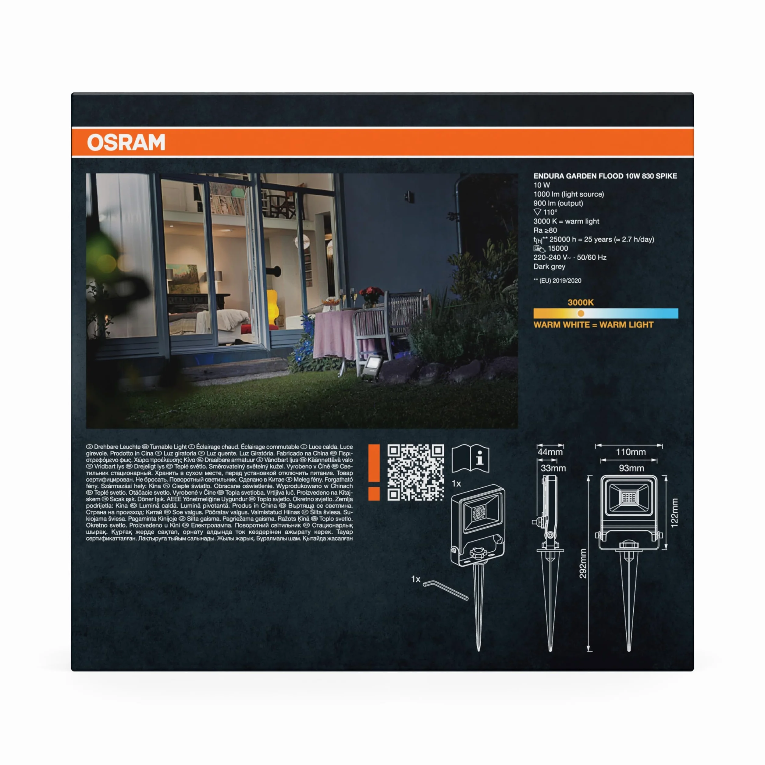 Osram ENDURA Picket Reflektor ogrodowy, 10 W, 800 lm, 3000K ciepła biel, IP65, kabel 2 m z gniazdkiem, aluminium ciemnoszary