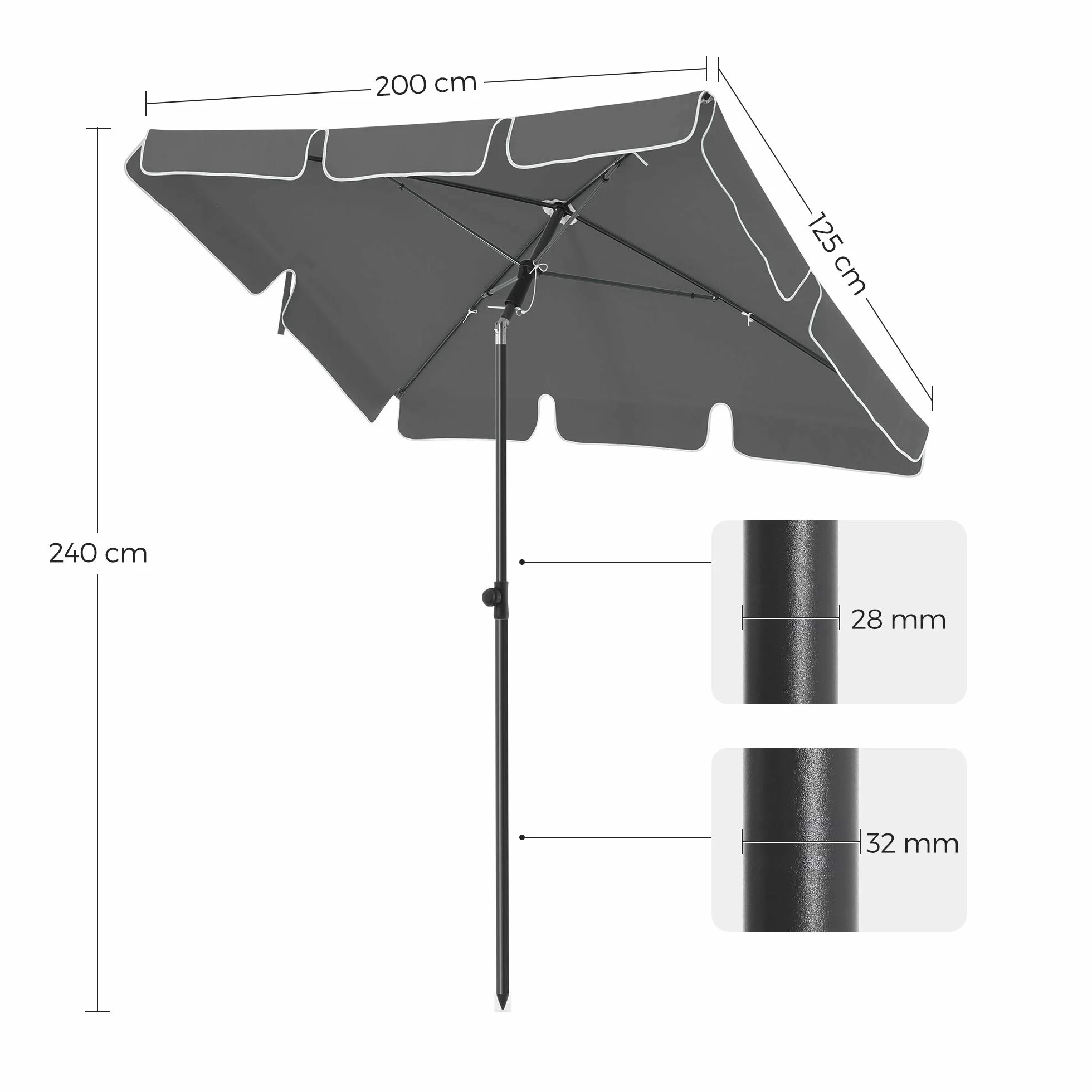 SONGMICS Parasol przeciwsłoneczny, prostokątny, 200 x 125 cm, ochrona przed promieniowaniem UV do UPF 50+, torba, z powłoką PA, do ogrodu, na taras, balkon, bez stojaka, szary GPU25GY
