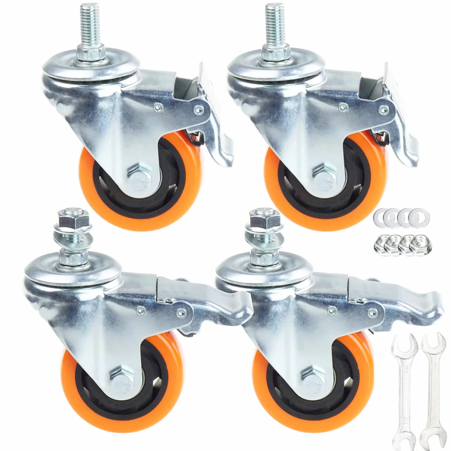 Wytrzymałe, obrotowe koła, 3-calowe żółte kółka z trzpieniem metrycznym M12-1,75x25 mm, podwójne hamulce, kółka bezpieczne do 1200 funtów/zestaw do przemysłu i mebli, zestaw 4 szt.
