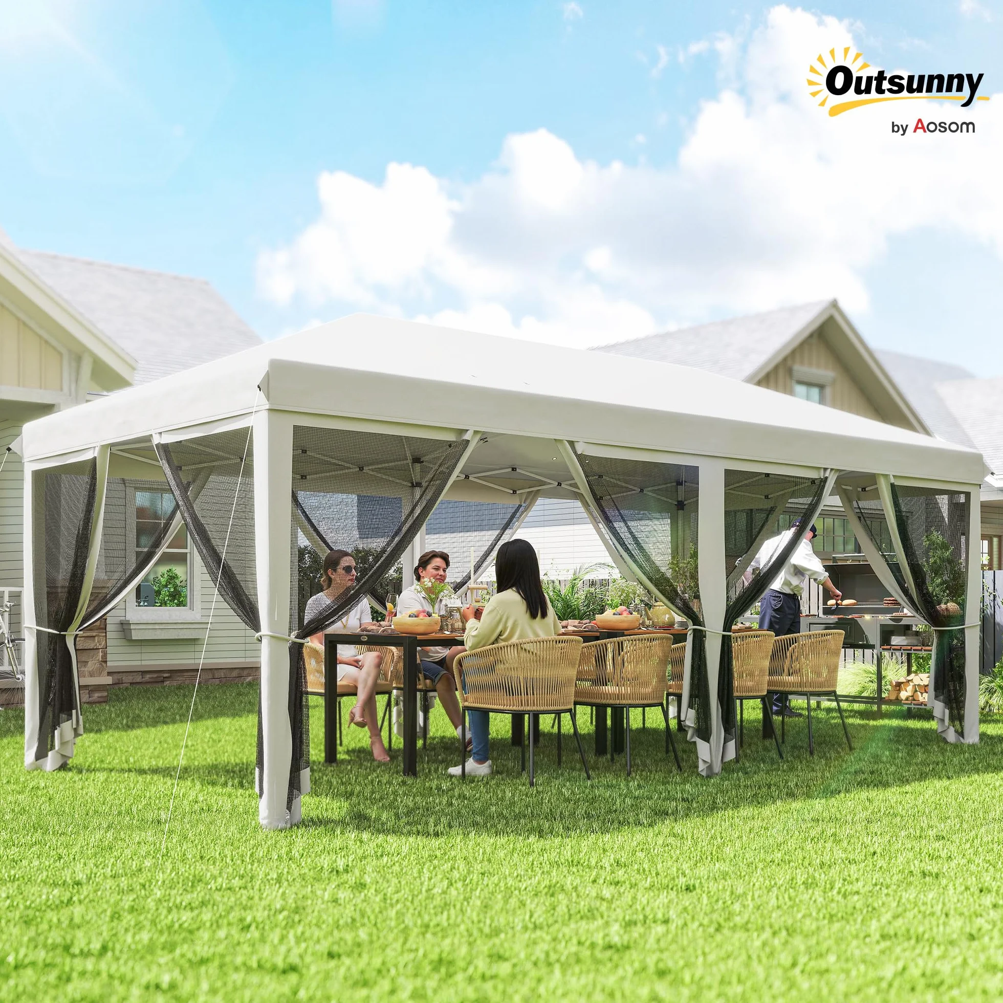 Outsunny Składany pawilon ogrodowy 6 x 3 m z moskitierami UV torba biały