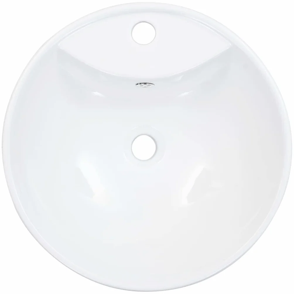 Ceramiczna umywalka nablatowa z przelewem i otworem na kran 46,5 x 18 cm umywalka do łazienki, okrągła, biała, z funkcją odpływu