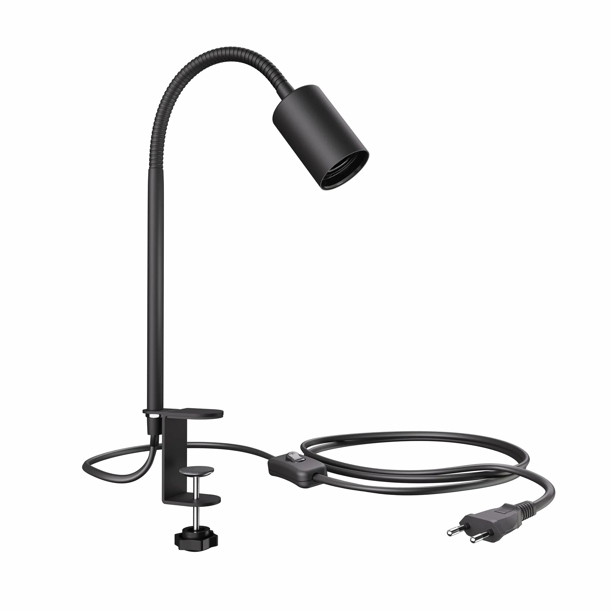 ledscom.de Lampa zaciskowa, gęsia szyja LELE, przełącznik, czarny mat, 1x E27 maks. 60W