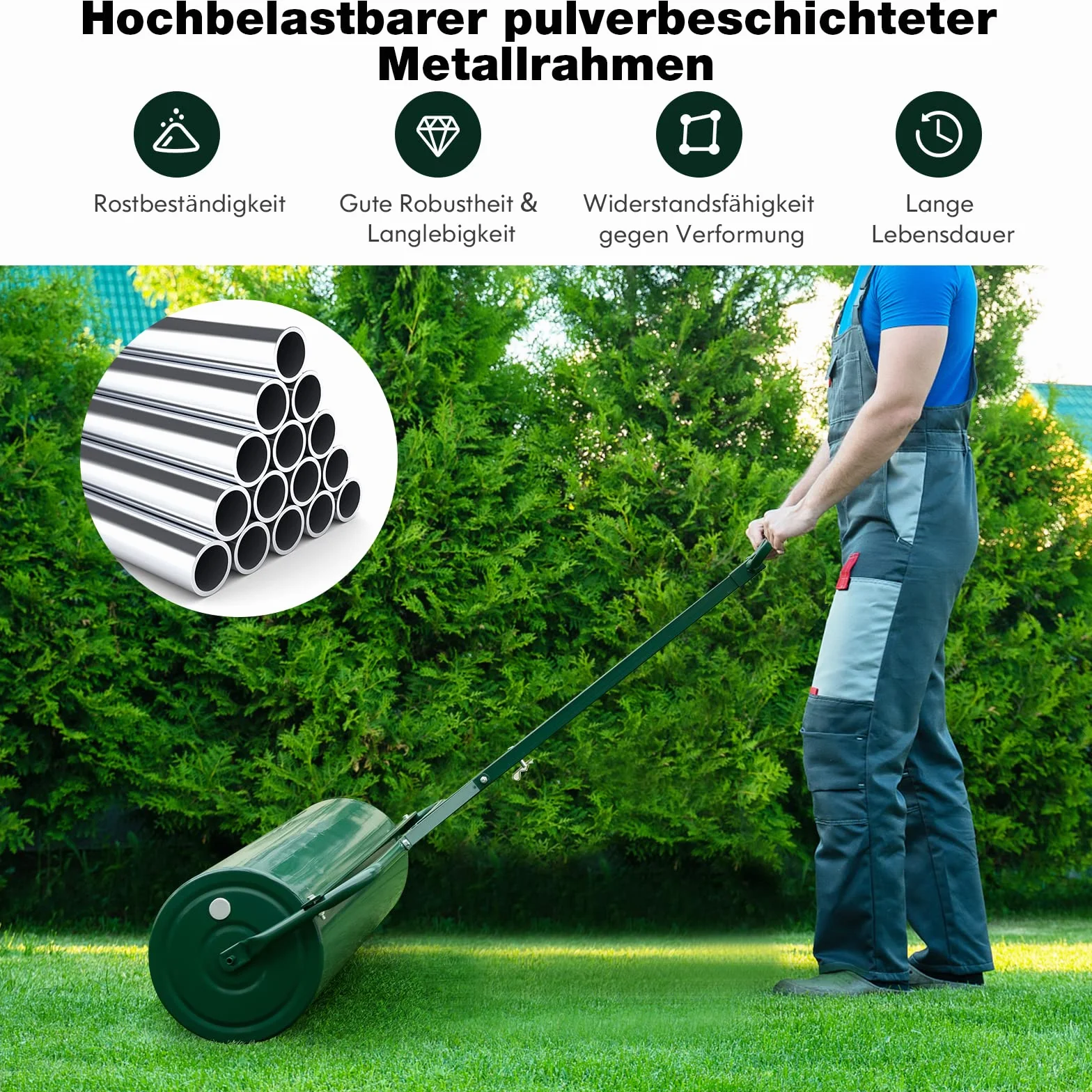 FANTASK Walec do trawy metalowy 30 cm z uchwytem 63 l napełniany wodą i piaskiem