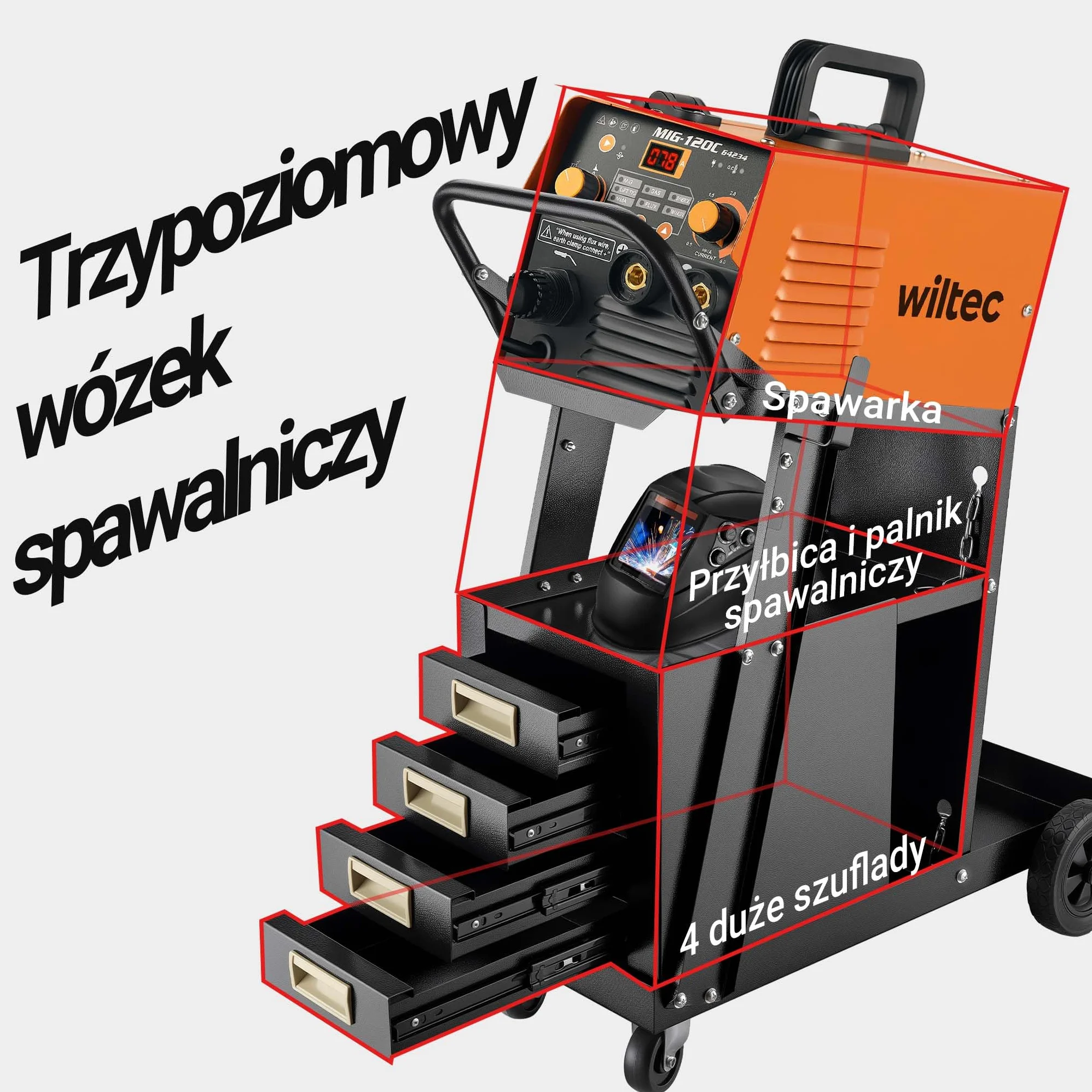Wiltec Wózek spawalniczy na spawarkę i butlę gazową z 4 szufladami, nośność do 100 kg, ze stali, wytrzymały mobilny na akcesoria spawalnicze