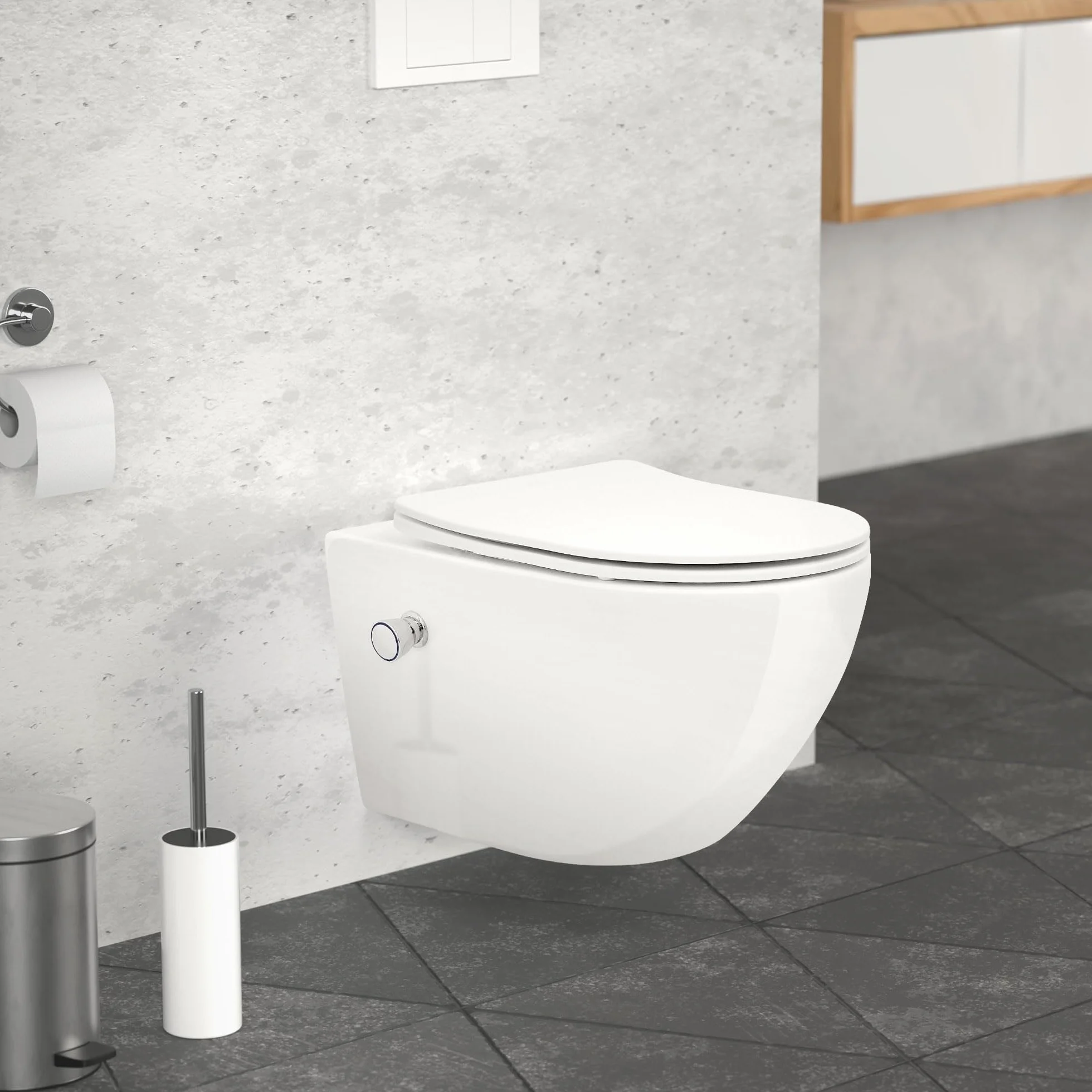 LuxeBath wiszaca muszla klozetowa bez rantu z funkcja bidetu, biala, powloka Wash WC Nano, spluczka Tornado, dluga 54 cm, blyszczaca wiszaca miska klozetowa z miekko zamykana deska klozetowa