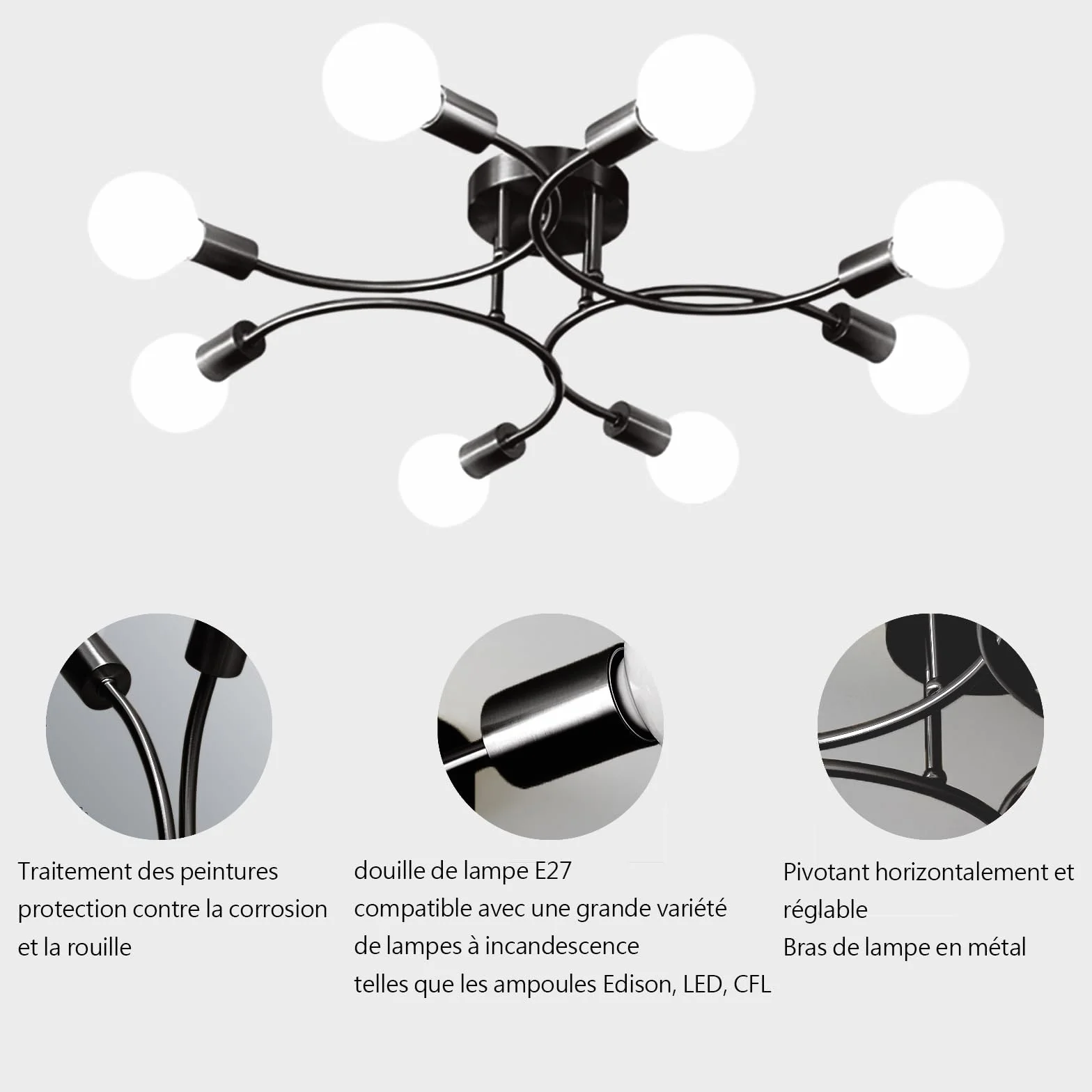 Żyrandol przemysłowy,8 płomieni lampa sufitowa Vintage Sputnik，E27 czarny Przemysłowy Lampa sufitowa for Living Room, Kitchen, Bedroom, Dining Room 85CM（żarówka nie jest dołączona）
