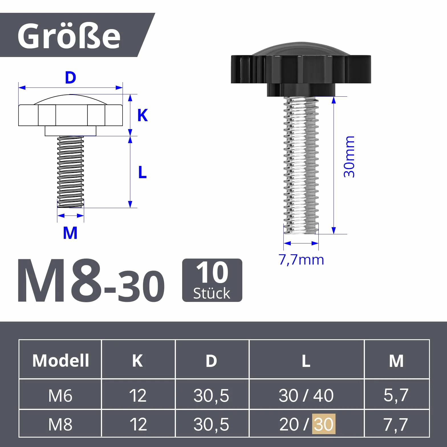 ORTAVA 10 sztuk śruby gwiazdowe z łbem sześciokątnym M8 x 30 mm