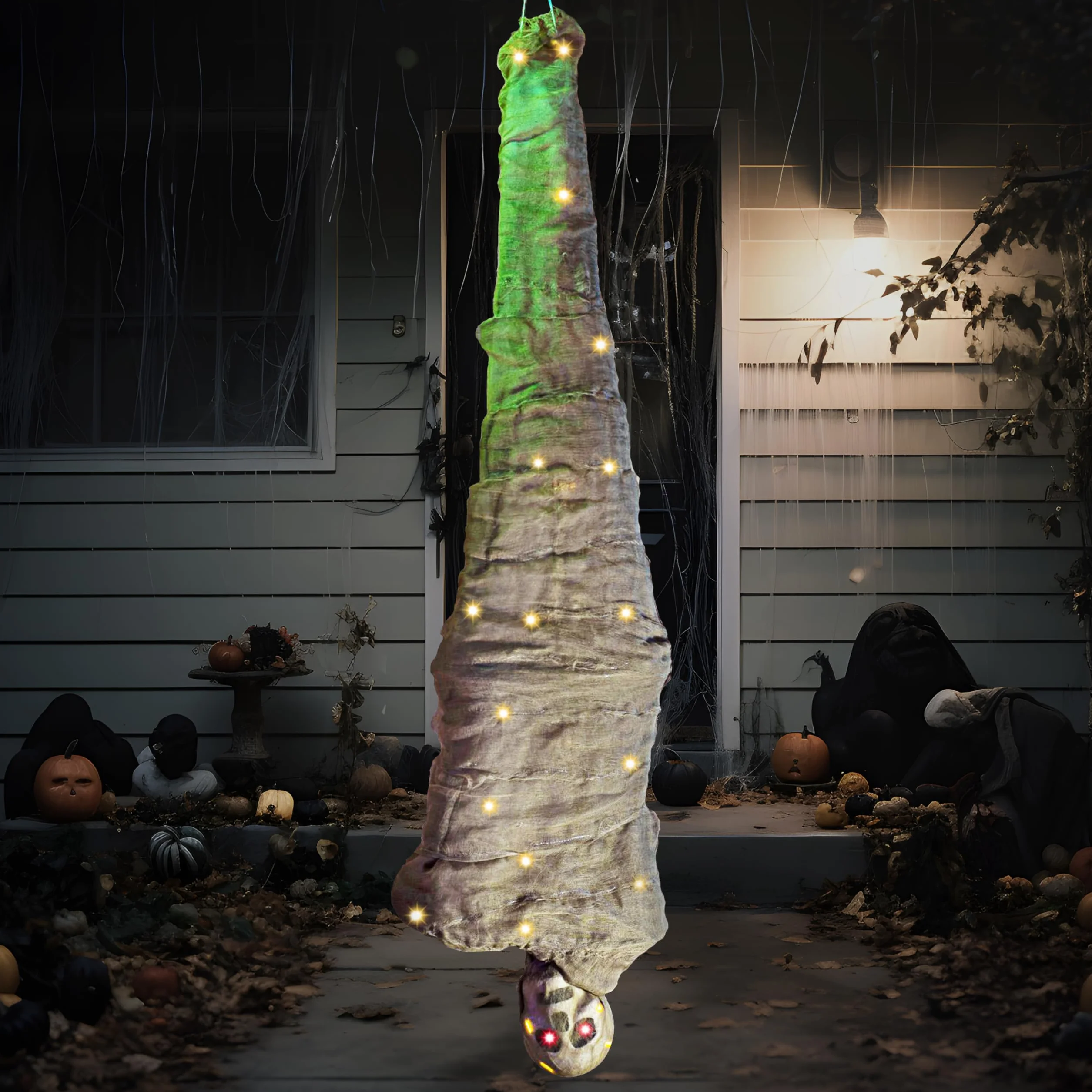 JOYIN Dekoracja na Halloween, kokon, zwłoki, animowane wiszące zwłoki, rekwizyty z oświetleniem całego ciała, oczami LED, upiorne dźwięki, na Halloween, na zewnątrz, trawnik, podwórko, patio,