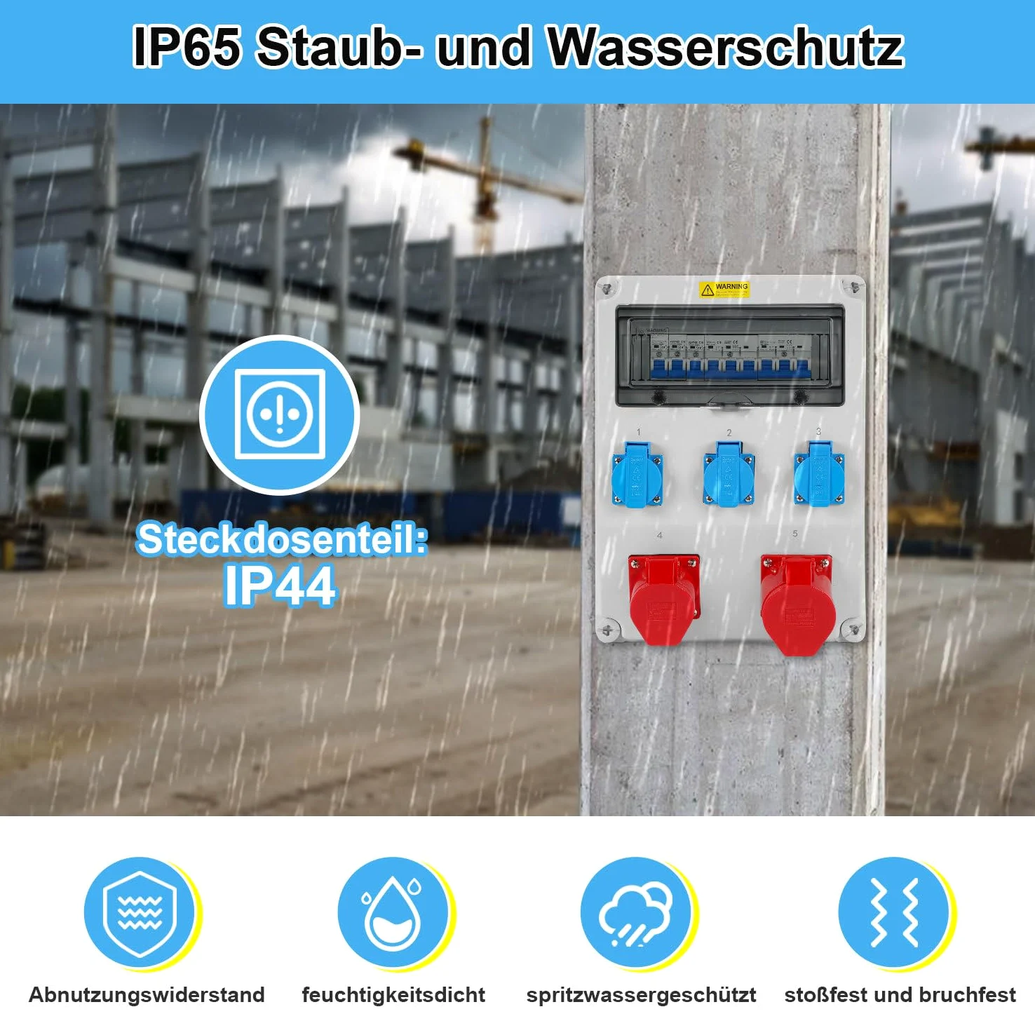Rozdzielacz prądu budowlanego, 1 x CEE 32 A 400 V + 1 x CEE 16 A 400 V + 3 x 230 V Schuko, 5-biegunowy rozdzielacz ścienny z przełącznikami LS, rozdzielacz prądu IP44 z klapkami zabezpieczającymi