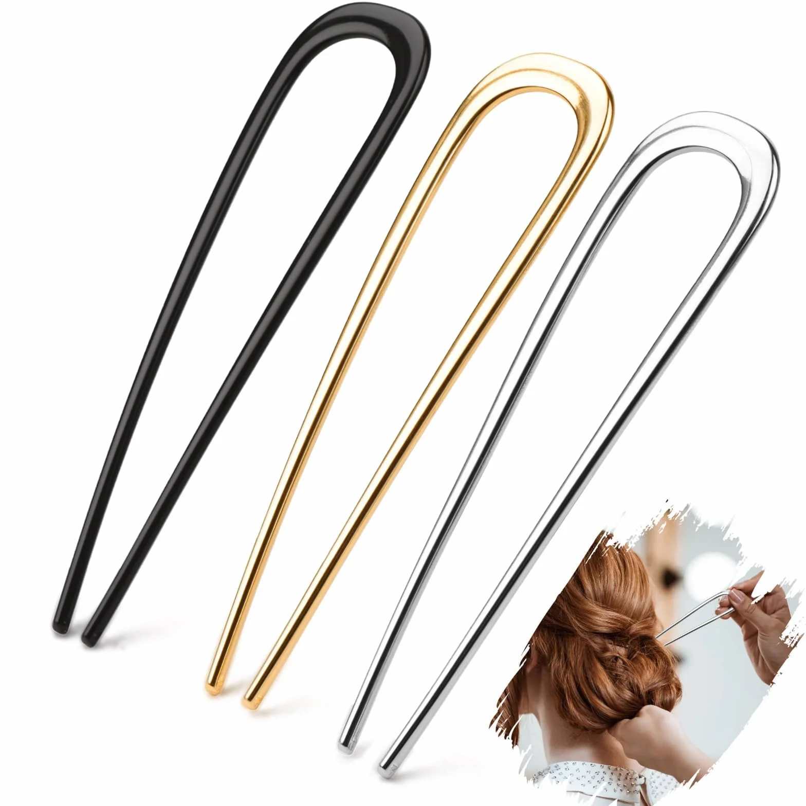 Mbsomnus 3 szt. francuskie szpilki do włosów metalowe 14 cm / 5,5 cala francuska spinka francuska spinka do włosów skręcona spinka do włosów w kształcie litery U widelec do włosów złoty srebrny czarny