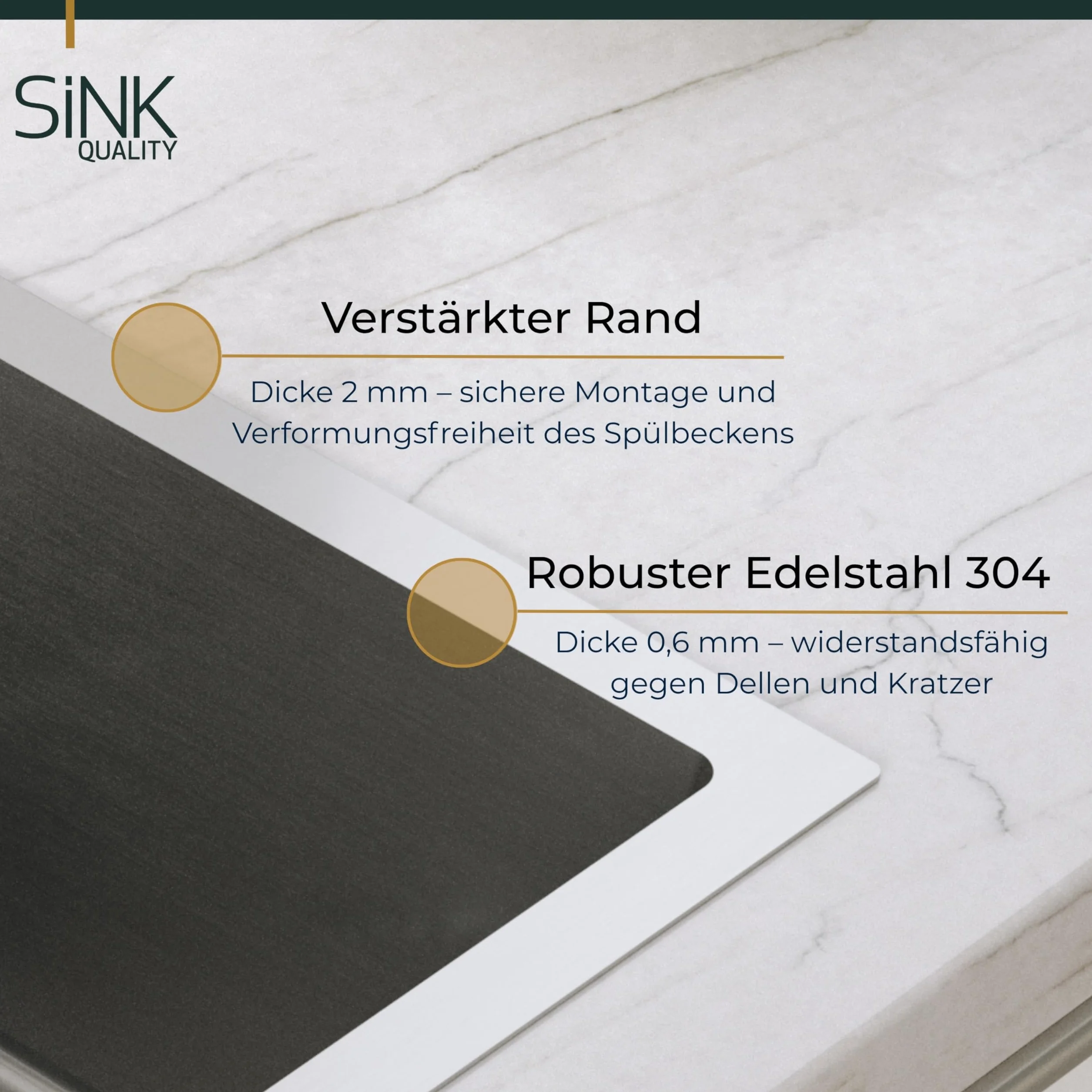 Sink Quality zlewozmywak ze stali nierdzewnej 50 x 45 cm – odporna na zarysowania powłoka PVD i oszczędzający miejsce syfon, zlewozmywak ze stali nierdzewnej 304 do szafki pod umywalkę 50 cm, łatwy w