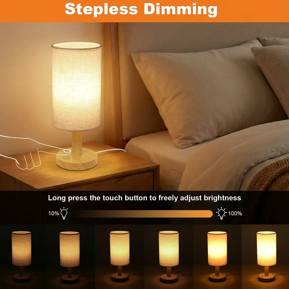 Dotykowa lampa na stolik nocny z zasilaniem USB, bezstopniowe ściemnianie, 2700 K, ciepła lampka nocna, minimalistyczna drewniana podstawa, lniany klosz, boho lampka nocna do sypialni, przedszkola