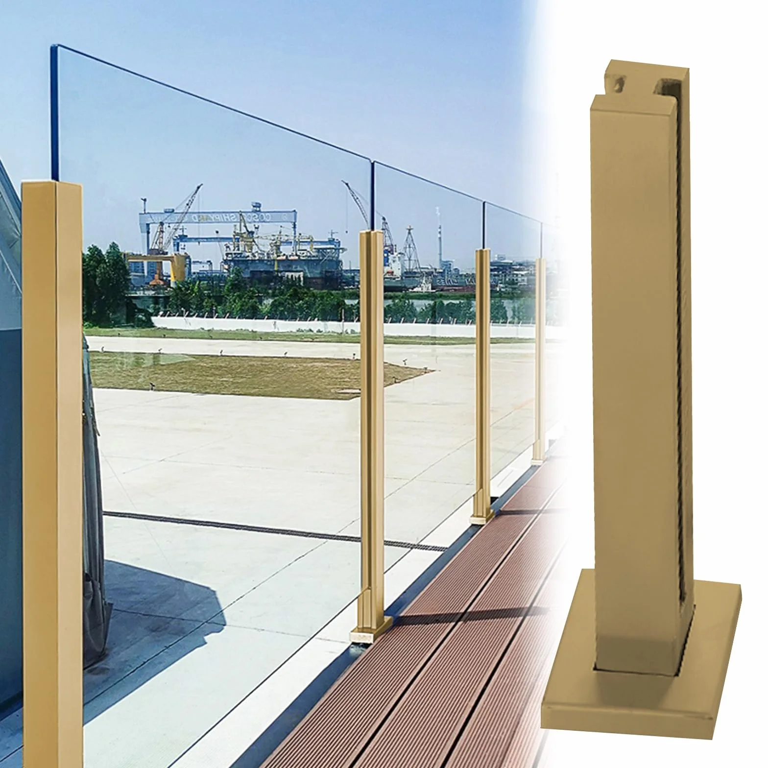 Słupek balustradowy ze szkła złotego na balkon i schody, 90/89.9 cm, wspornik do paneli z metalu, drewna, szkła hartowanego (8-12 mm), trwały i elegancki design