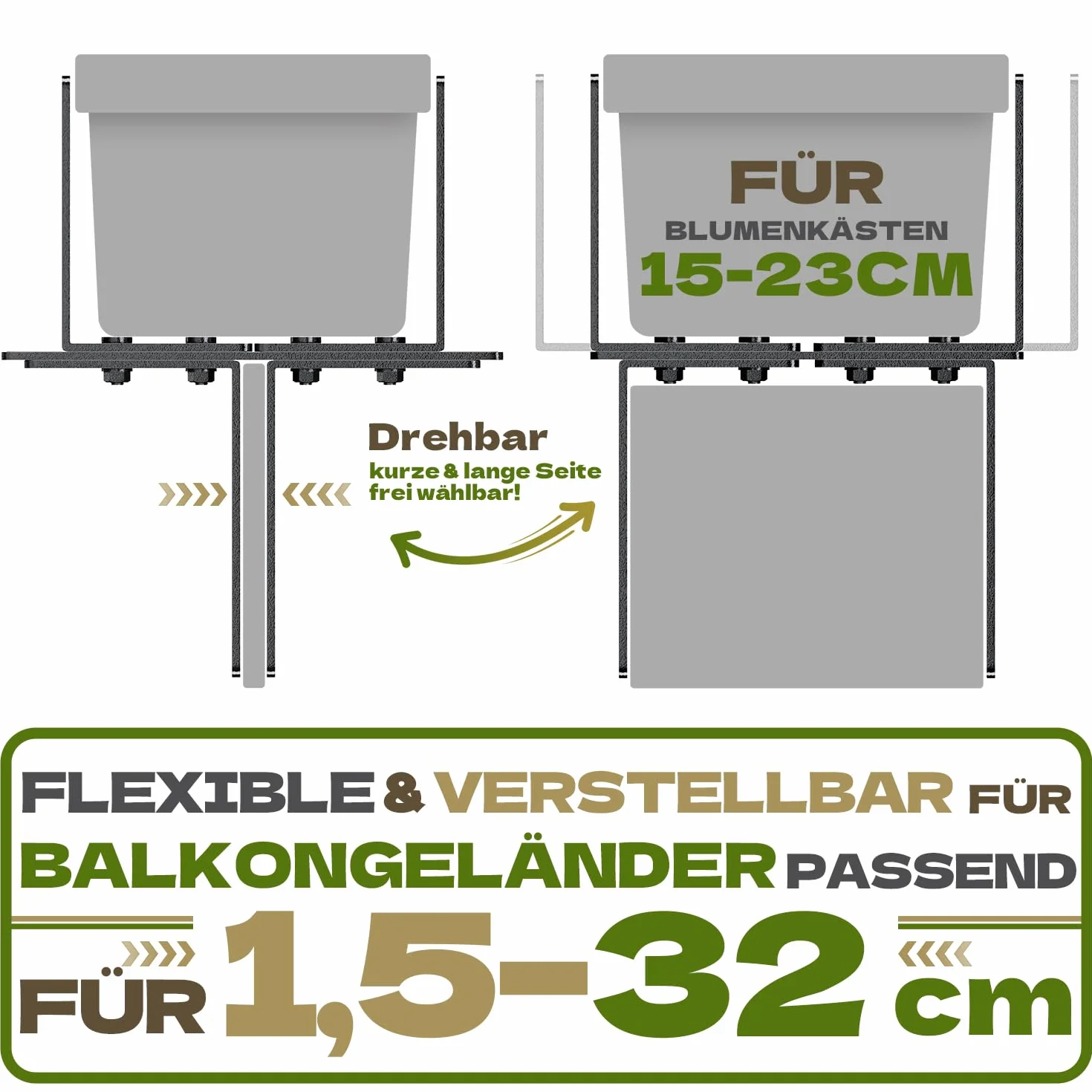 Uchwyt na skrzynki na kwiaty, w kształcie litery H, bez wiercenia, pasuje do balustrad balkonowych o wymiarach 1,5-32 cm i skrzynki na kwiaty 15-23 cm, uchwyt do skrzynki balkonowej na balustradę