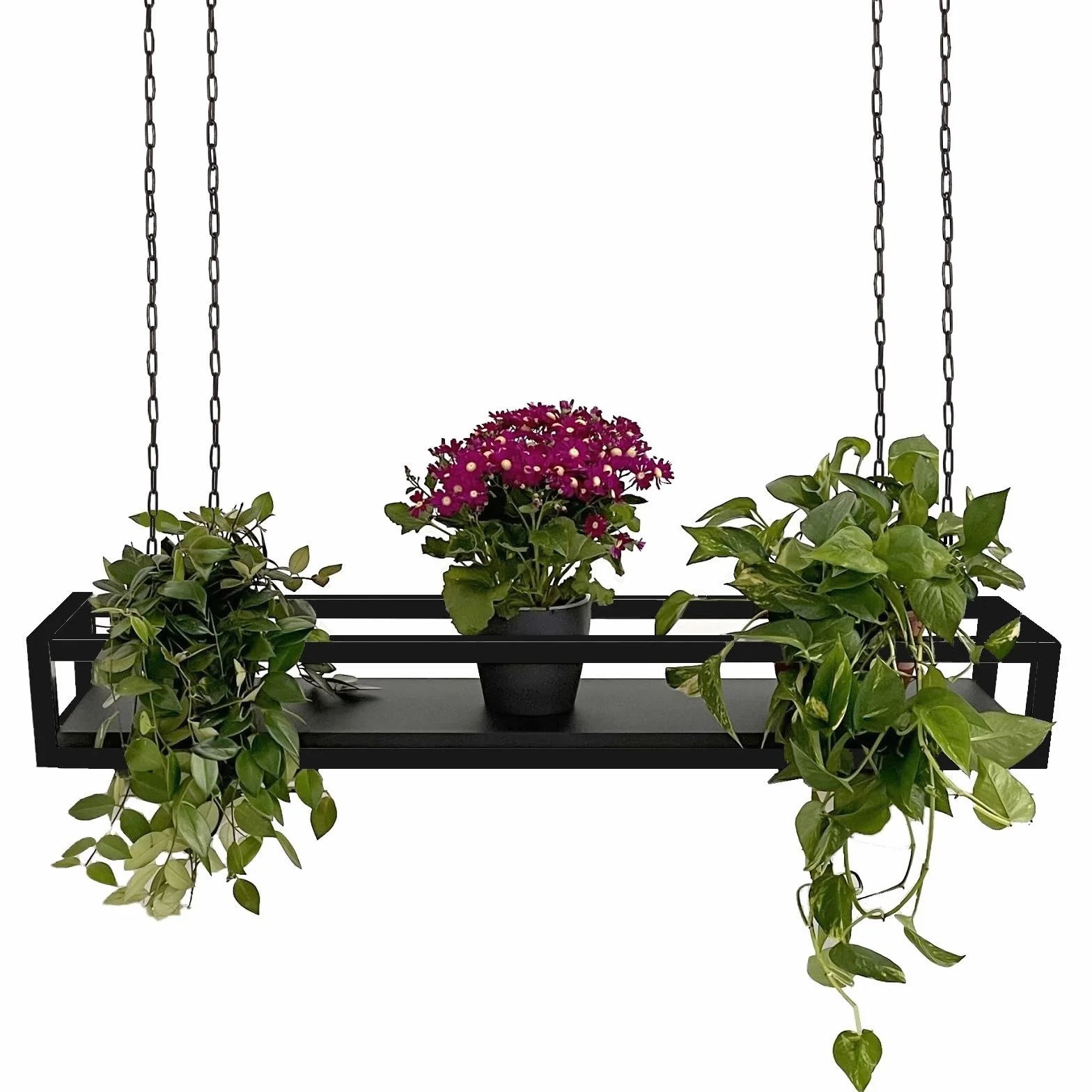 yelloo - Wisząca półka sufitowa z łańcuchami, idealna do stojaków na kwiaty, rośliny wewnętrzne i zewnętrzne, klasyczny i elegancki design do domu, balkonu (FLOWERS czarny/czarny, 115 cm)