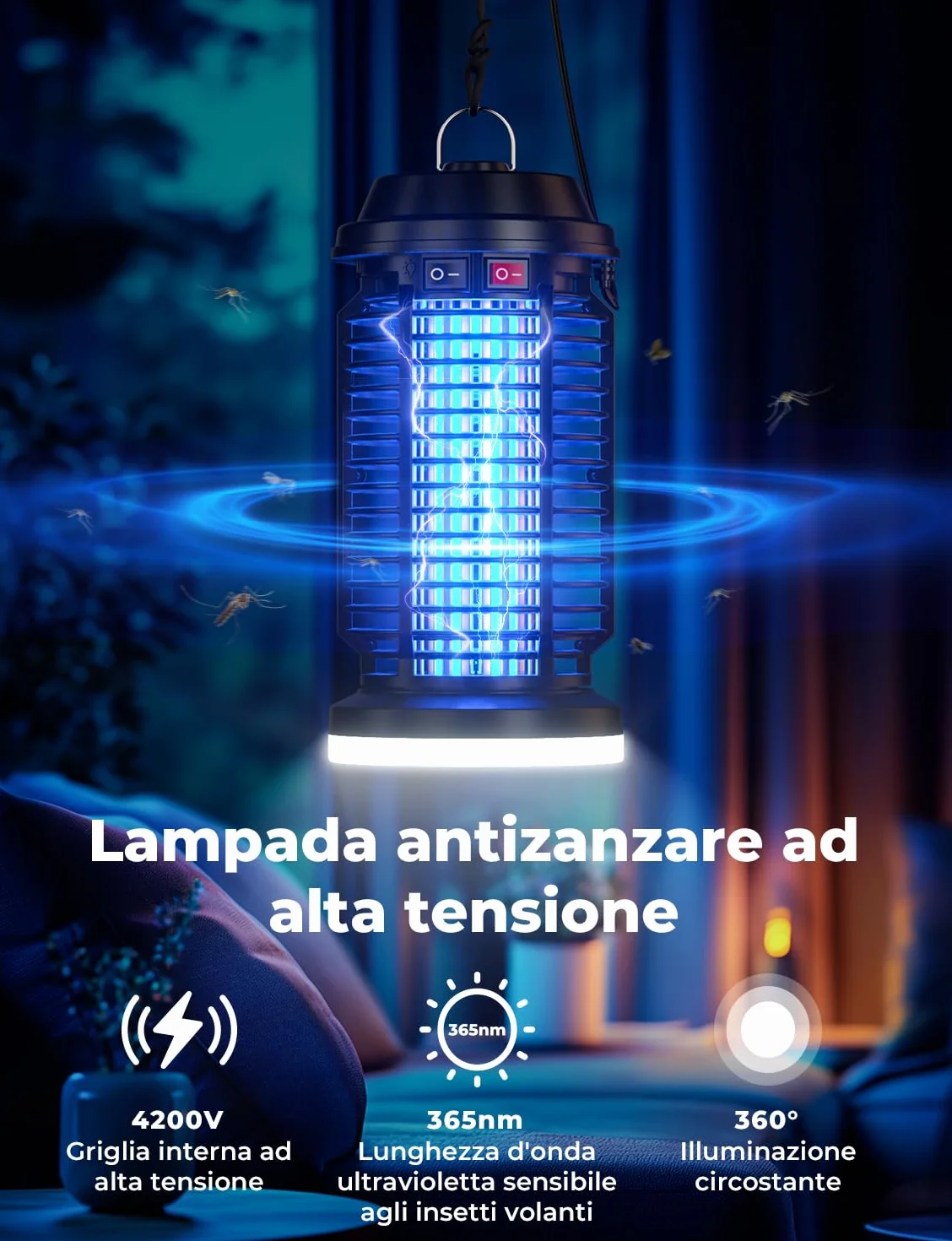 YISSVIC Elektryczna lampa owadobójcza 4200 V IPX4 pułapka na komary UV LED