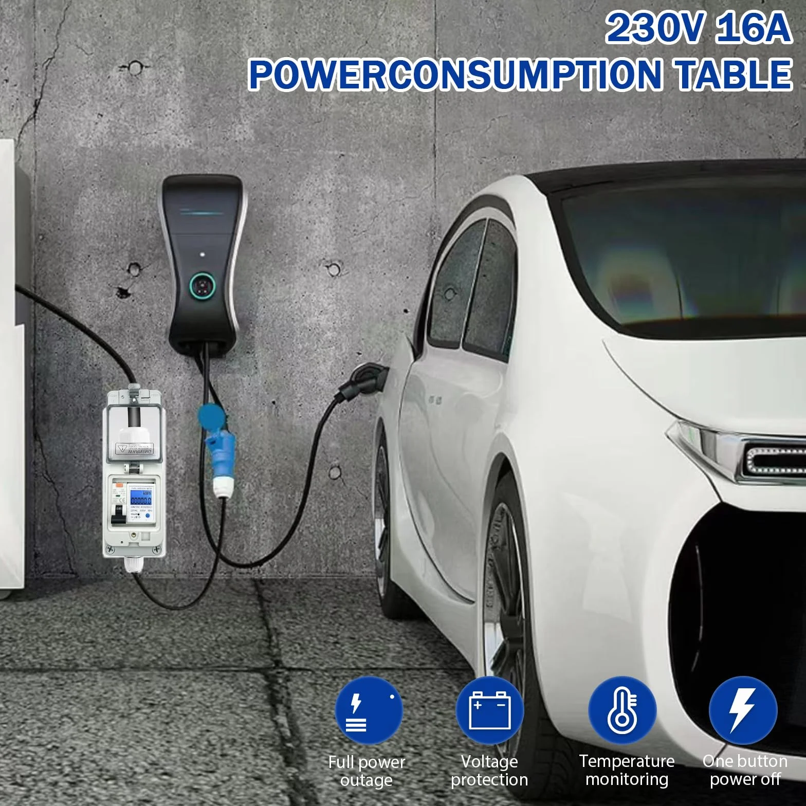 Mobilny cyfrowy licznik prądu 230 V 16 A, miernik zużycia energii elektrycznej do gniazdka z wyłącznikiem ochronnym FI typ A, IP44 CEE 3 piny 16 A, wtyczka do złącza CEE 16A, obudowa licznika prądu