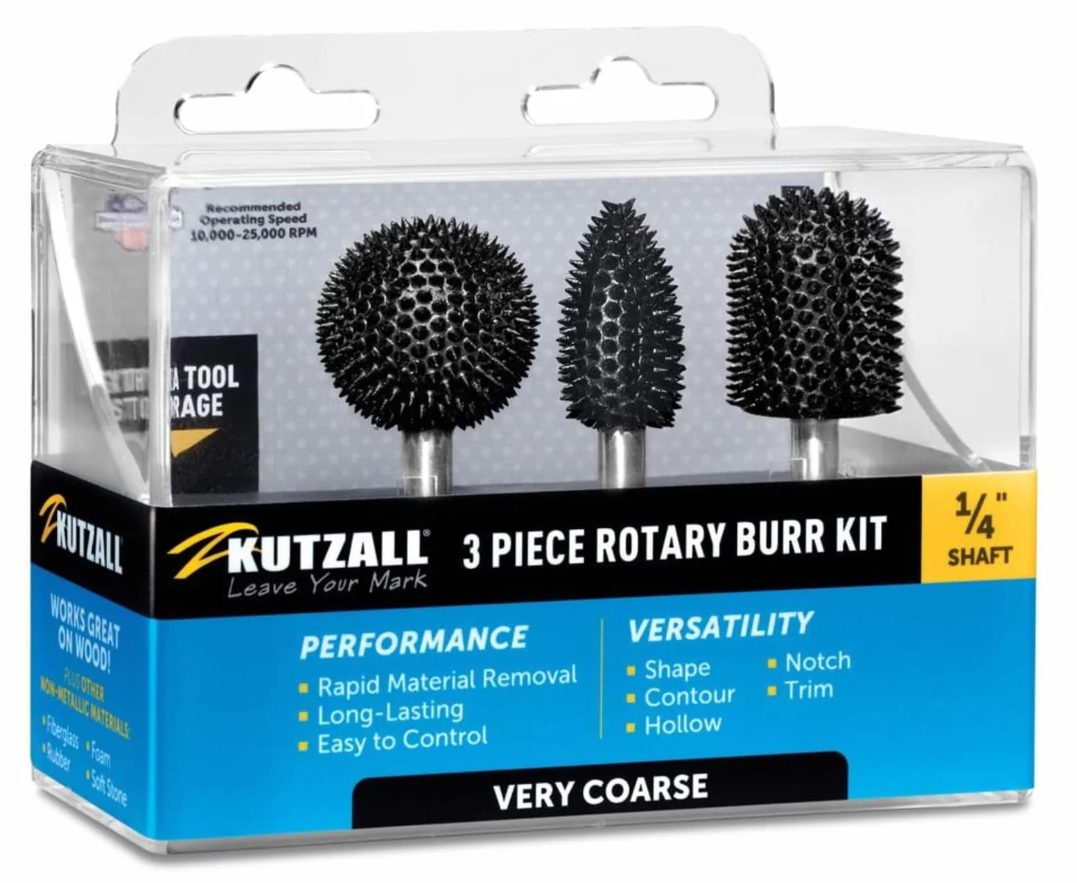 Kutzall 3-Piece Rotary Burr Kit - 1⁄4" Shaft, Very Coarse - Woodworking Attachment for Bosch, DeWalt, Makita, Milwaukee Tools - Structured Tungsten Carbide